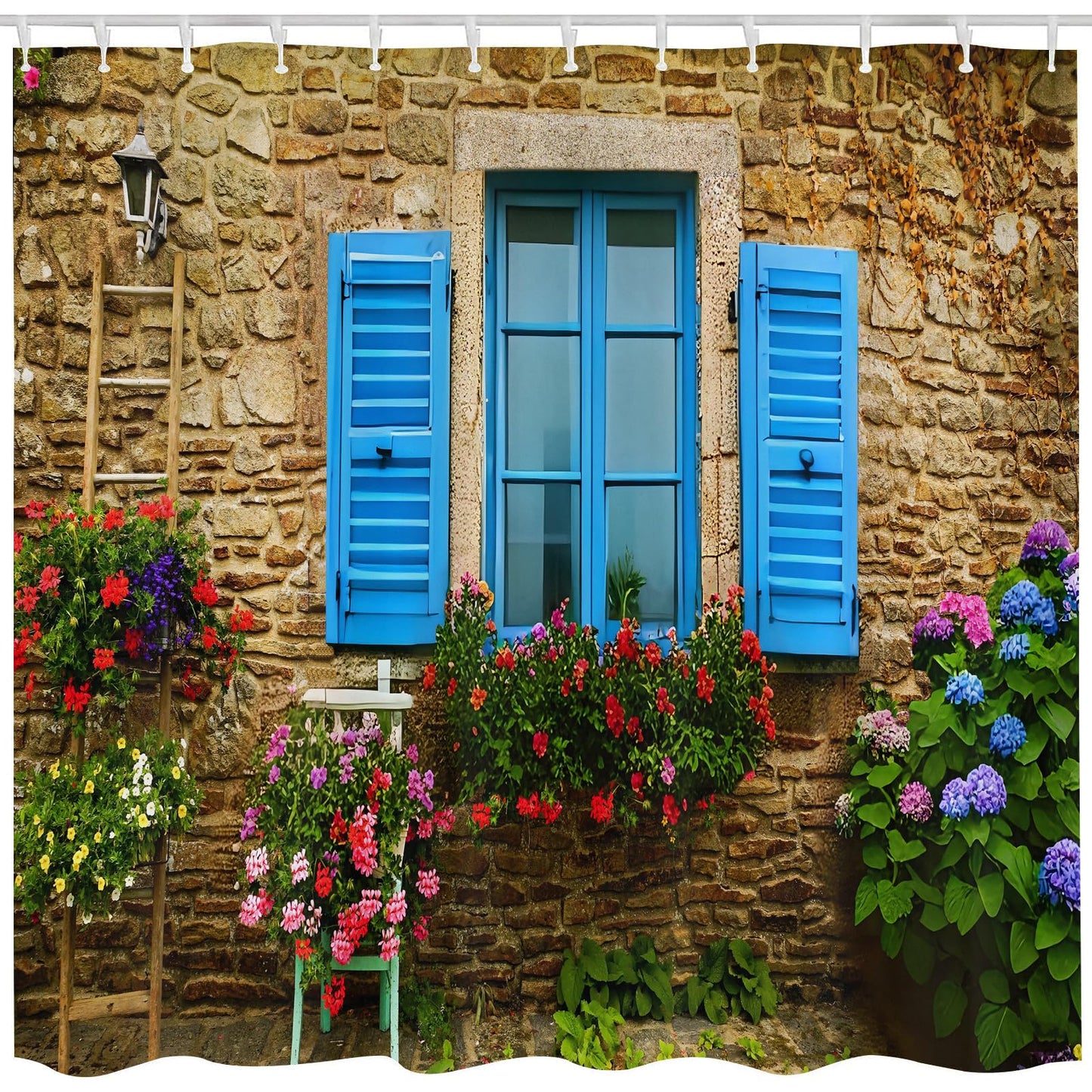Qucarder Garden Shower Curtain Stone Wall and Blue Window and Flowers Bath Curtain 3D Outdoor Waterproof Shower Curtains for Bathroom Decor with 12