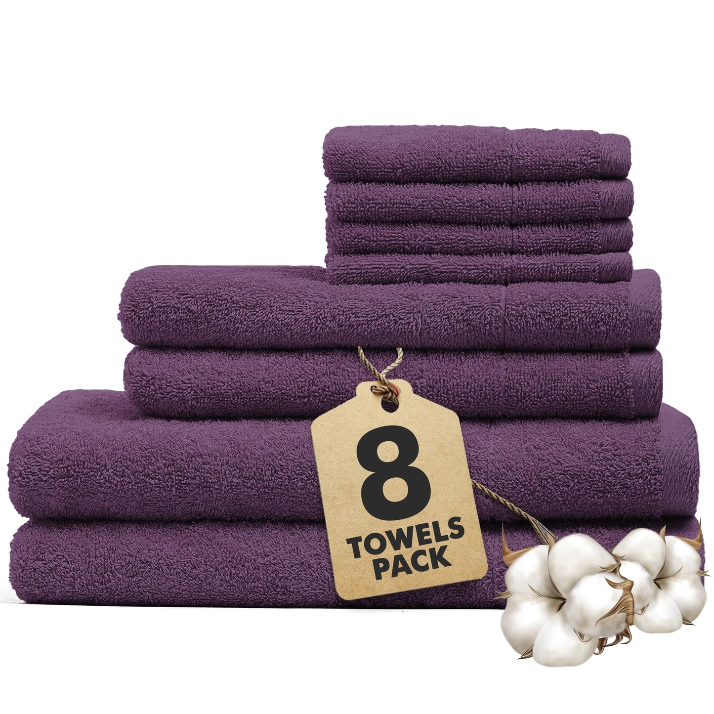 Novo Home Bath Towels Set of 8 ? 100% Cotton Dark Purple Towel Set Bale Includes 2 Bath, 2 Hand, 4 Face Towels ? Soft, Absorbent & Quick Dry Towel for