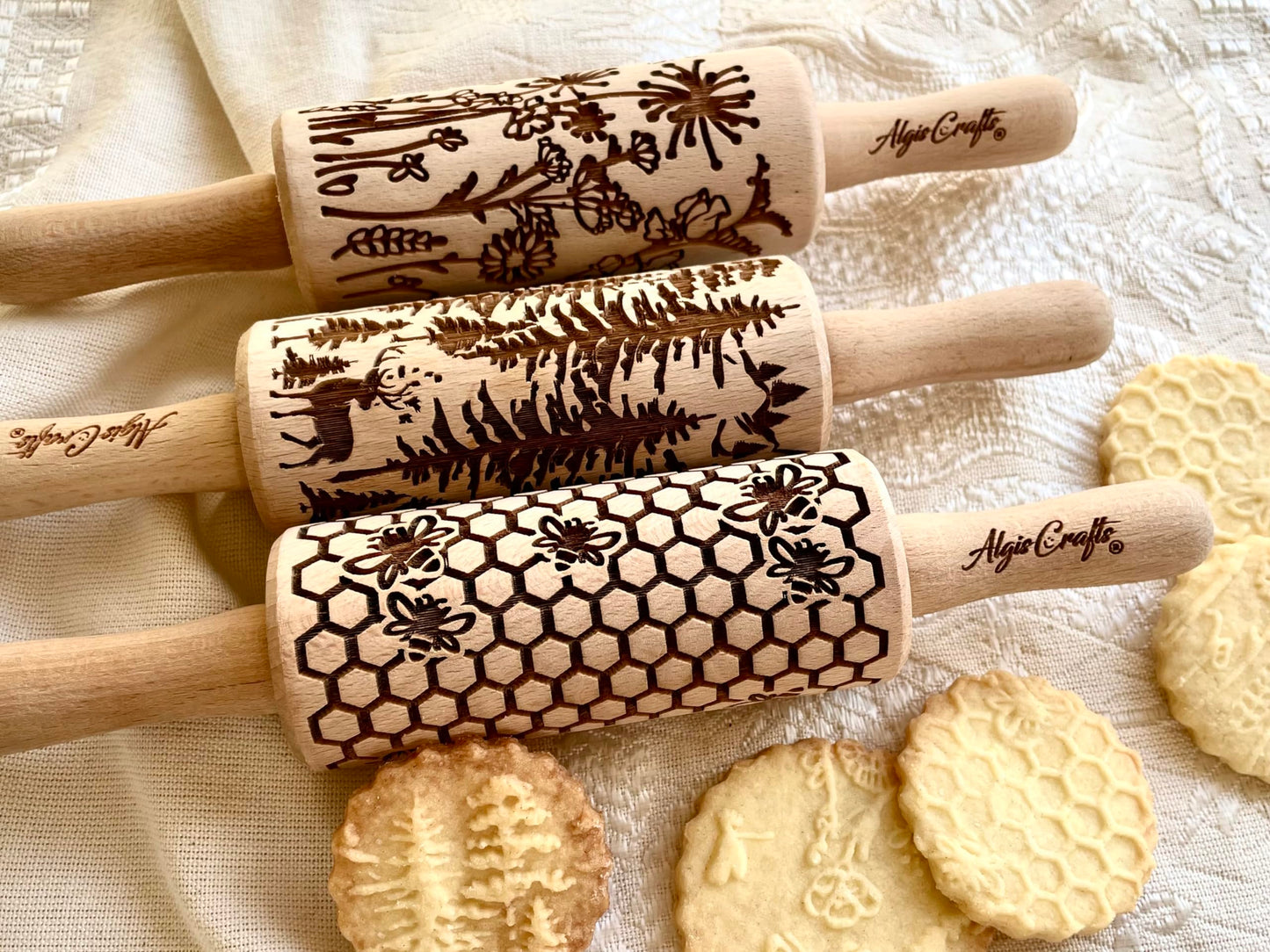 WILD 3 mini Embossed Rolling Pin Set with Bees, Meadow and Forest Patterns for Cookies and Pottery. Wooden laser engraved embossing dough roller by