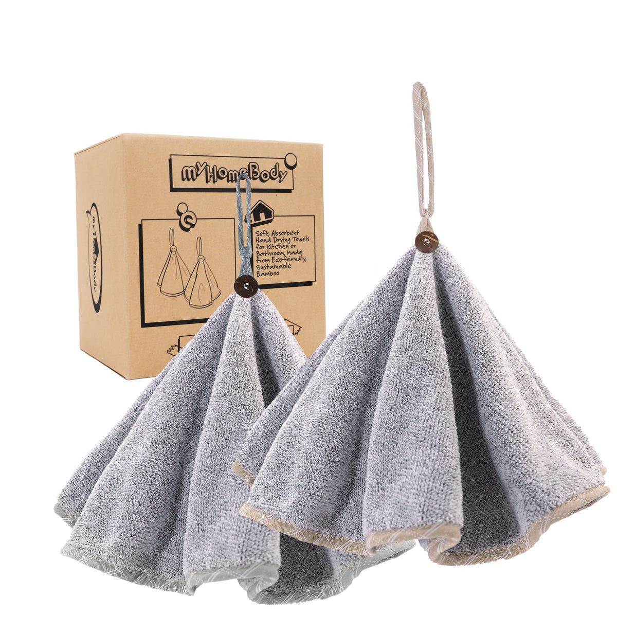 myHomeBody Hand Towels with Hanging Loops, Absorbent Charcoal Fiber Cleaning Clothes with Coconut Shell Button for Kitchen, Round Shape, Set of 2,
