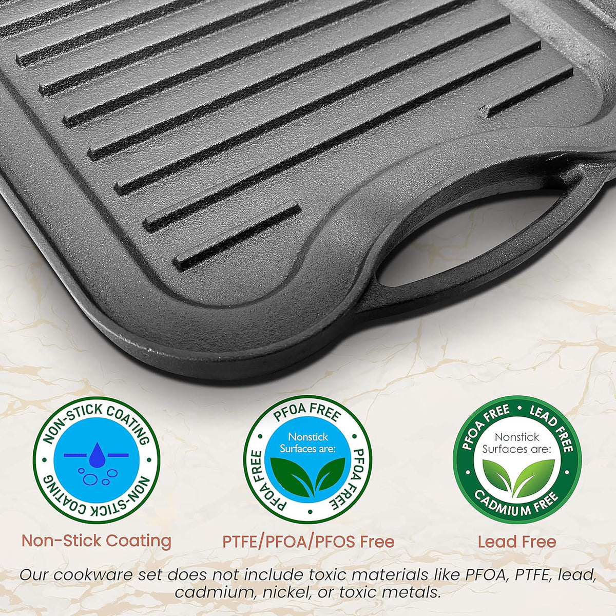 Nutrichef Reversible Cast Iron Griddle Pan 50.7cm x 25.7cm, Non-Stick Flat & Ridged Grill Plate for Hob, Oven & BBQ, Induction & Gas Safe,