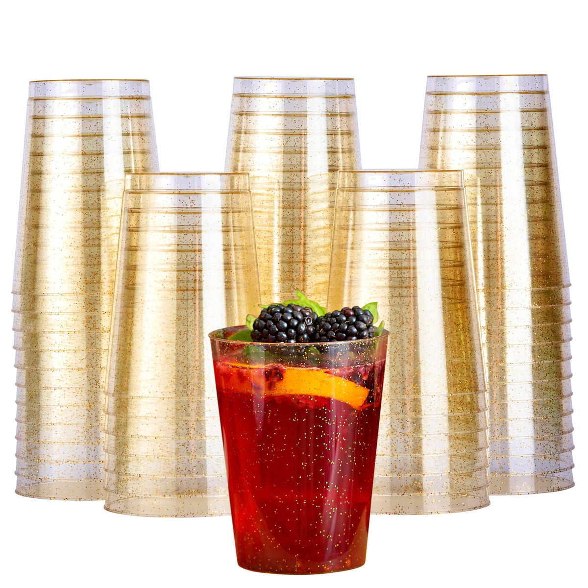MATANA 50 Premium Clear Hard Plastic Cups with Gold Glitter, Gold Party Cups 280ml / 10oz - Reusable Glasses, Tumblers for Drinks, Cocktail