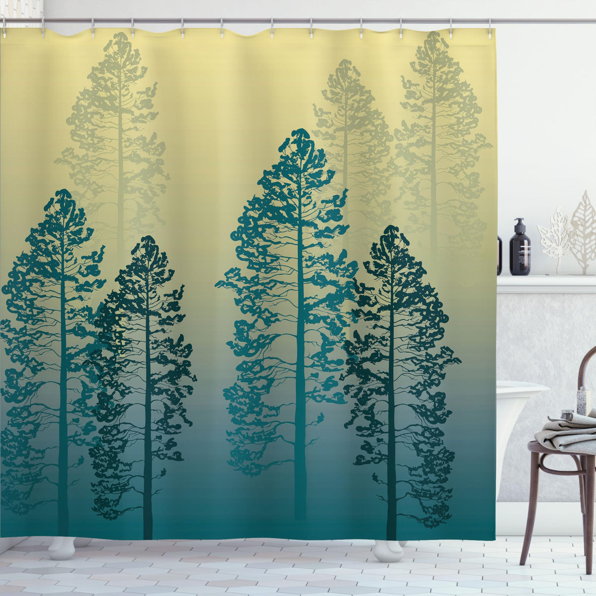 ABAKUHAUS Country Shower Curtain, Forest Ombre Wildlife Pines, Cloth Fabric Bathroom Decor Set with Hooks, 175 x 180 cm, Cadet Blue