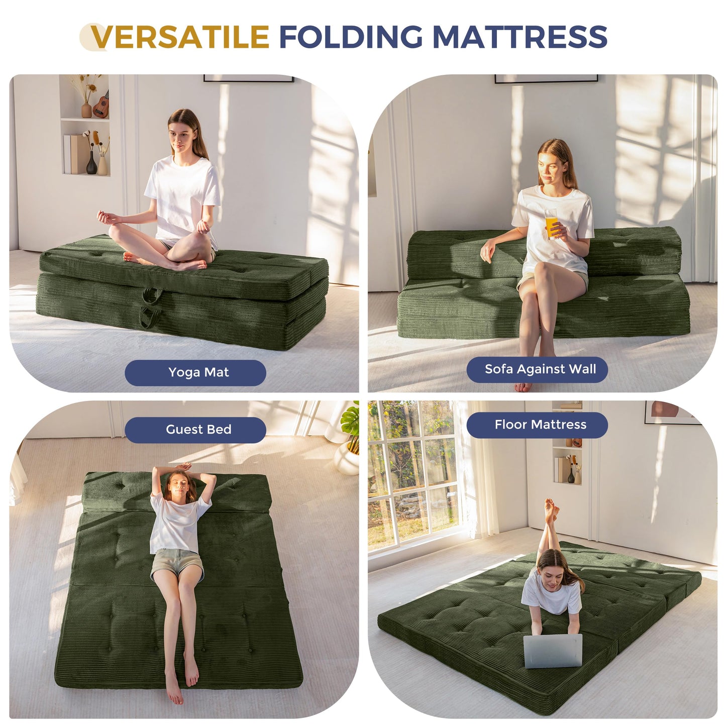 MAXYOYO Folding Mattress Double, Comfy Foldable Sofa Couch Bed, Guest Mattress with Handles Floor Futon Sofa Bed for Guest