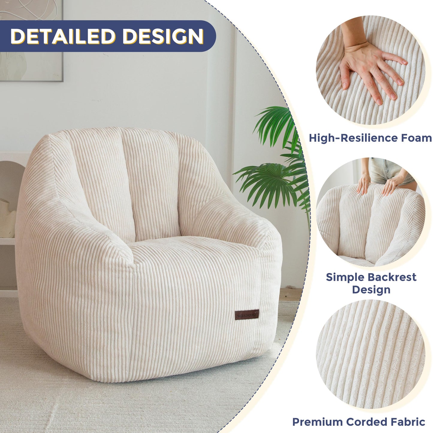 MAXYOYO Bean Bag Chair for Adults or Children, Soft Floor Single with Filling, Comfy Bean Bag Sofa with Back Support, Accent Chair