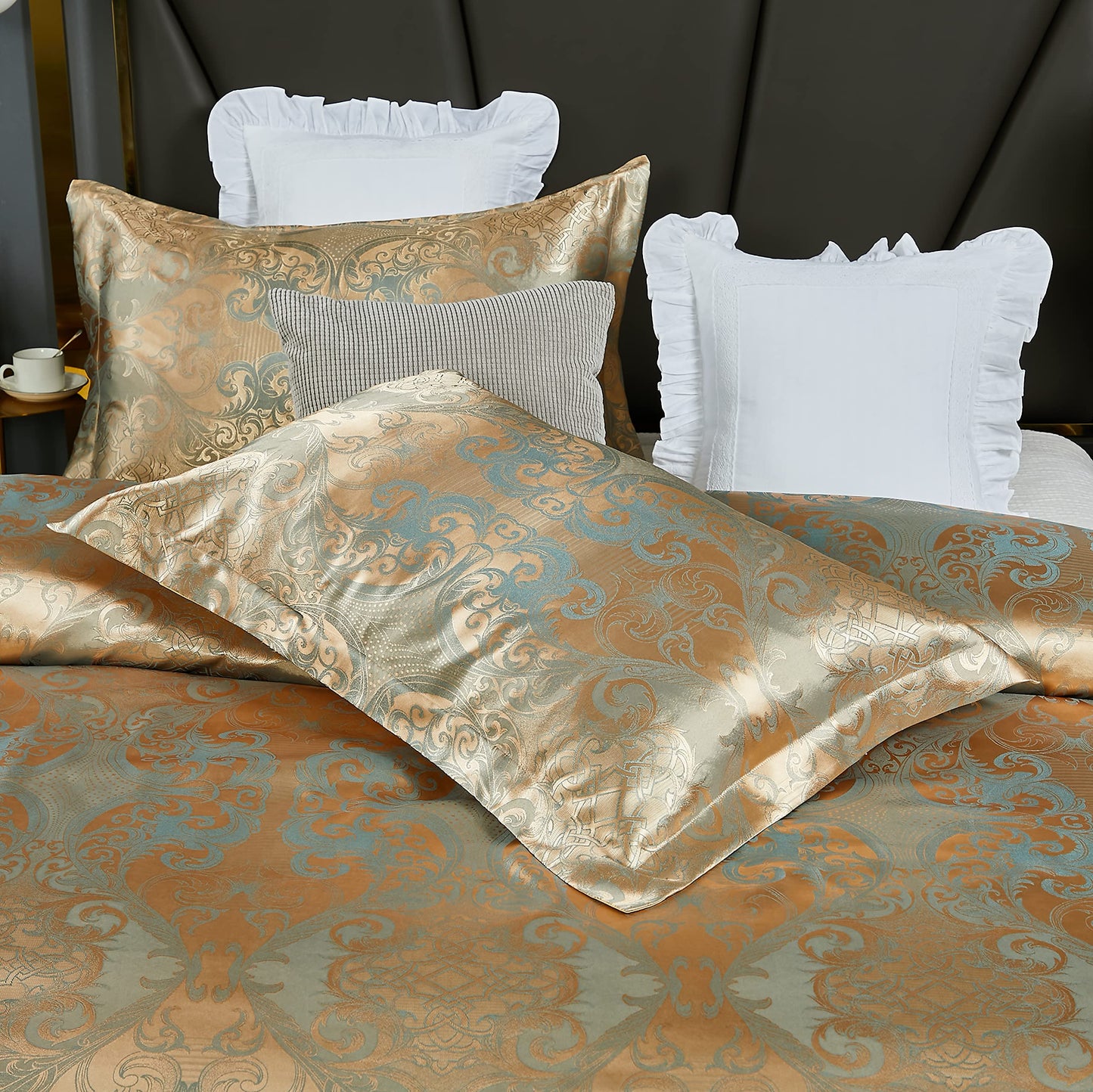 HMtideby Jacquard Duvet Cover Set Double Microfiber Bedding Sets 3 pcs Gold Duvet Quilt Cover with 2 Matching Pillow Cases 200x200cm