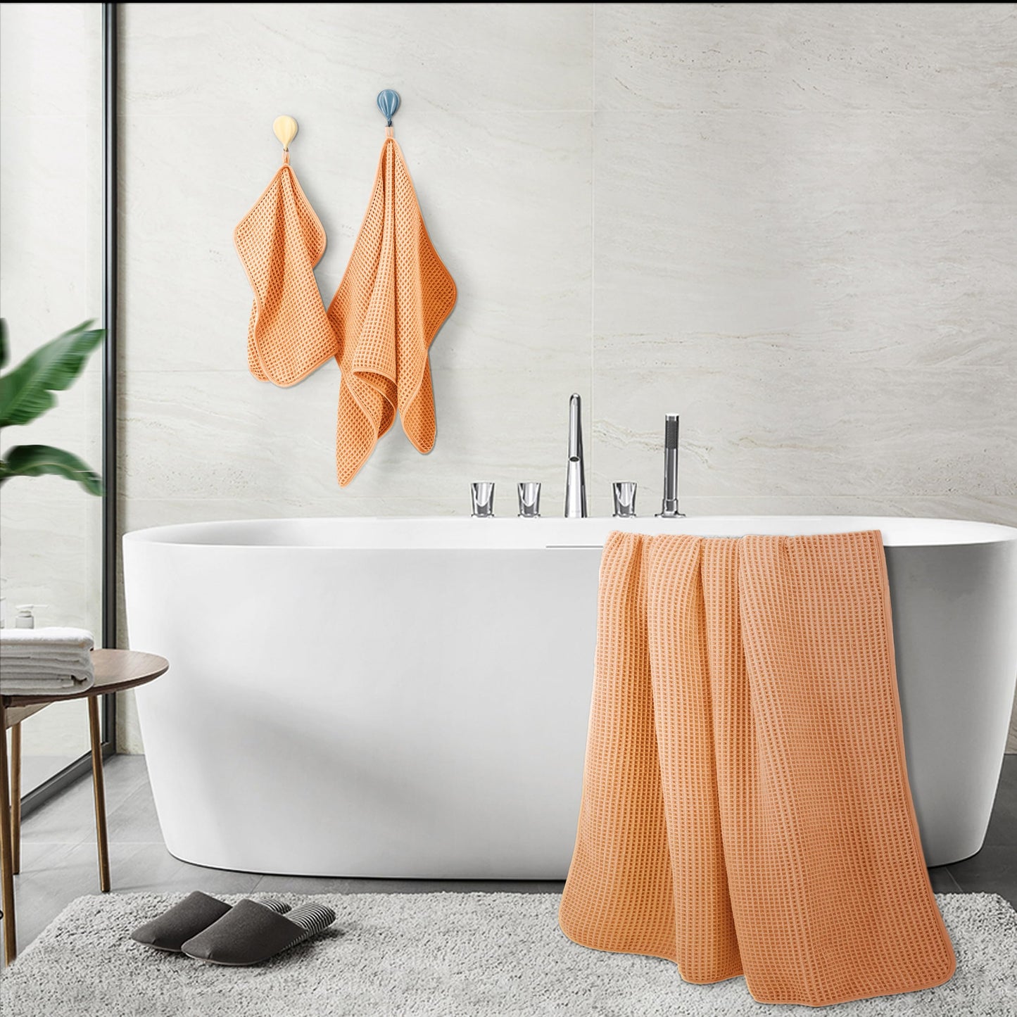 POLYTE Microfibre Oversize, 76 x 152 cm, Quick Dry Lint Free Bath Towel Set, 6 Piece (Orange, Waffle Weave)