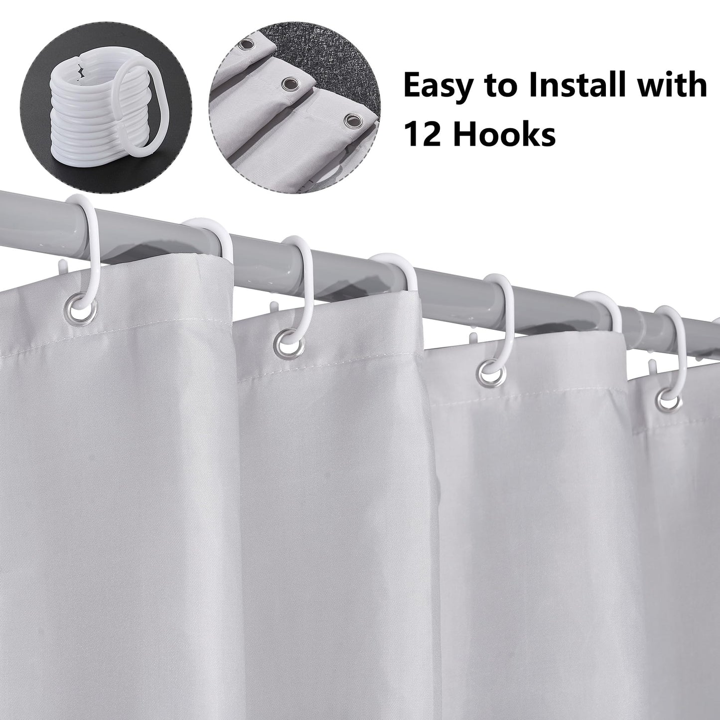 KAIMEIYU Shower Curtain Polyester Bath Curtains Heavy Duty with 12 Hooks Bathroom Curtain Washable Waterproof for Bathtub and Bathroom 180X180CM Grey