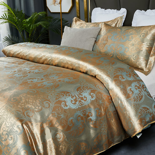 HMtideby Jacquard Duvet Cover Set Double Microfiber Bedding Sets 3 pcs Gold Duvet Quilt Cover with 2 Matching Pillow Cases 200x200cm
