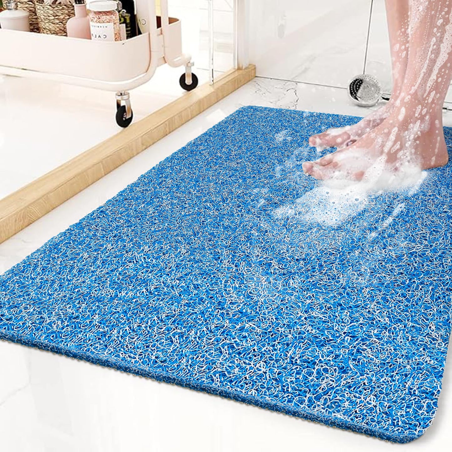 Shower Mat Non Slip Anti Mould: Bath Mats for Inside Bath- 60 x 40 cm Anti Slip Shower Mats for Inside Shower- Loofah Shower Mat Blue Long Washable