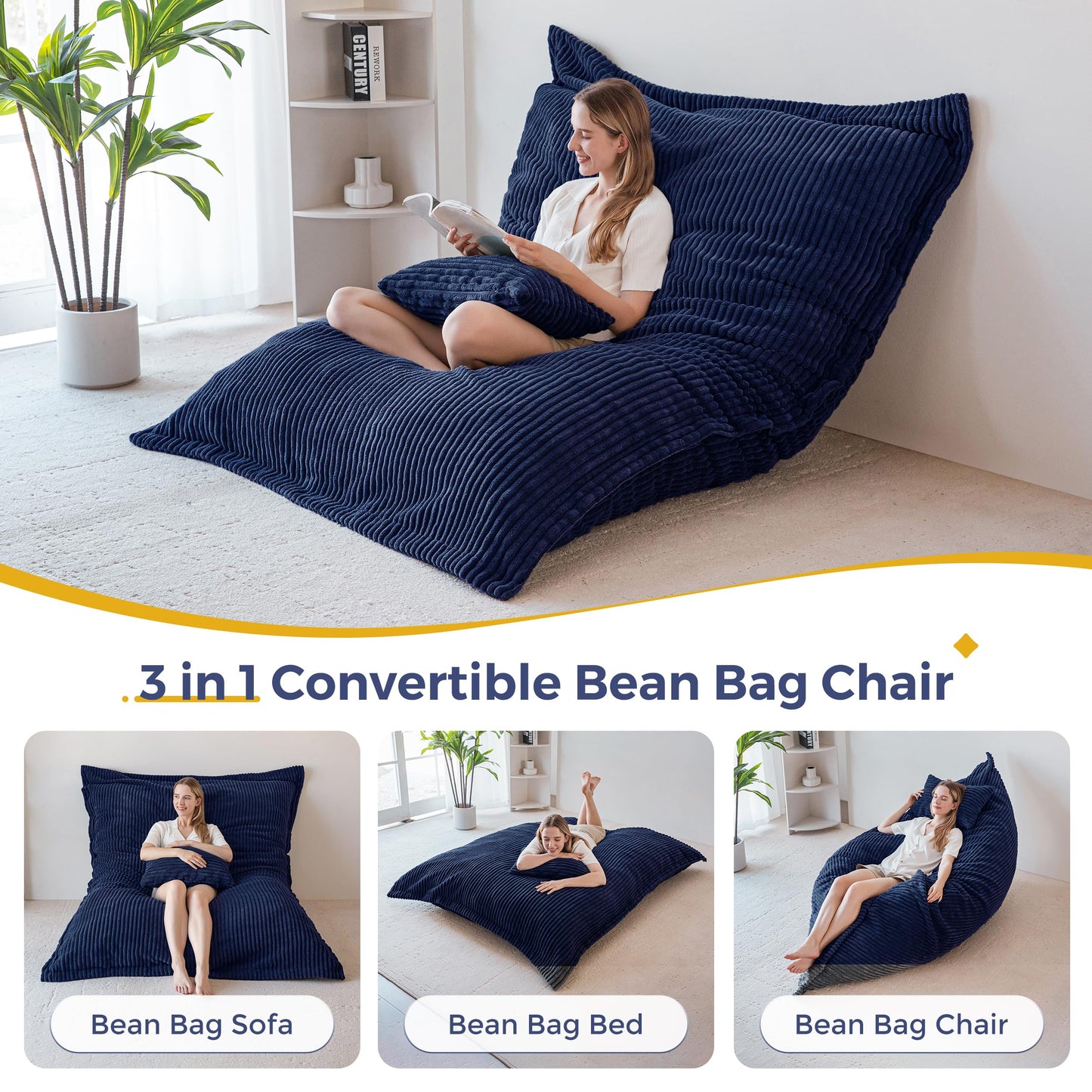 MAXYOYO Giant Bean Bag with Pillow, Soft Corduroy Removable Cover, Large Floor Cushion with Fluffy Foam Filling, BeanBag Chair for Adults & Kids