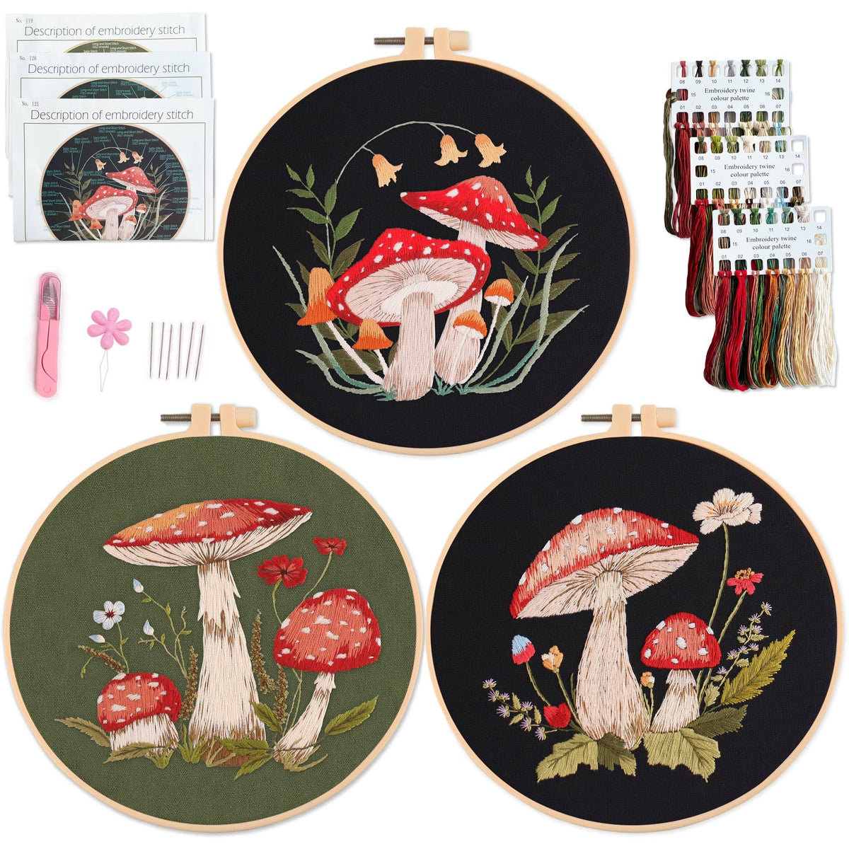 Myfelicity 3 Sets Mushroom Embroidery kit, Adult Beginner DIY Needle kit,Art Craft Handy Sewing Set