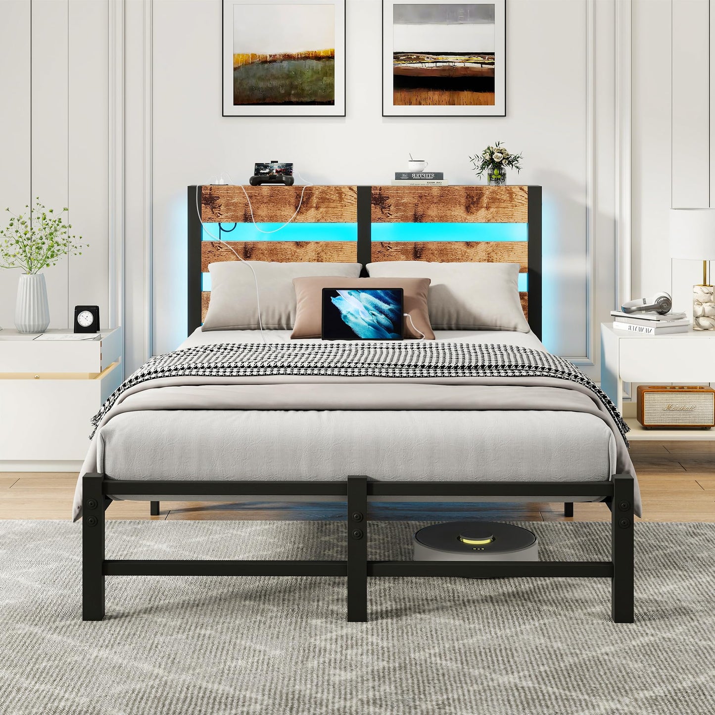 HOMERECOMMEND 4ft6 Double Bed Frame with USB Charging Station,LED Bed Frame with Wood Storage Headboard,Metal Platform Bed Frame Double No Box Spring