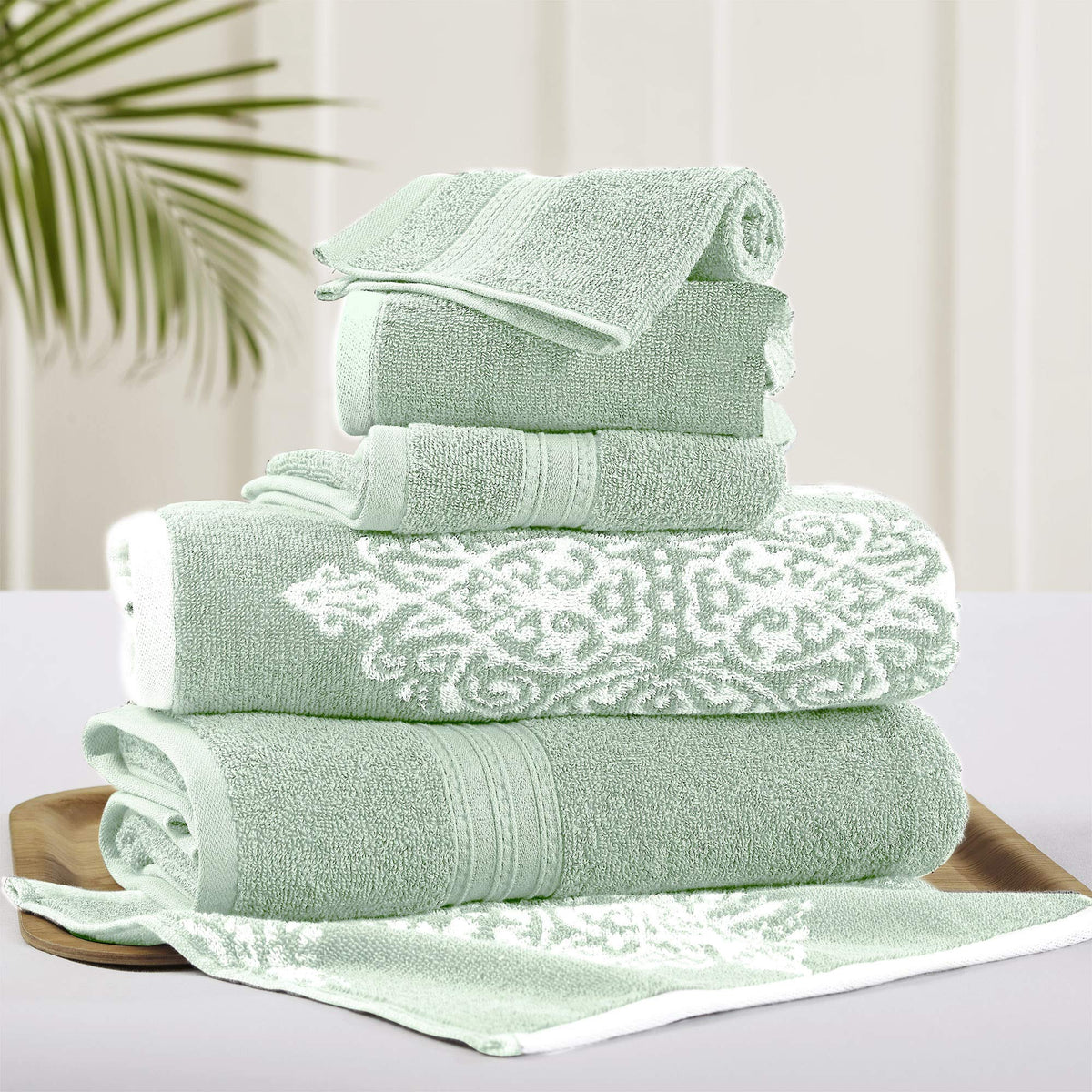 Amrapur Overseas | Artesia Damask 6 Piece Reversible Yarn Dyed Jacquard Towel Set (Sage)