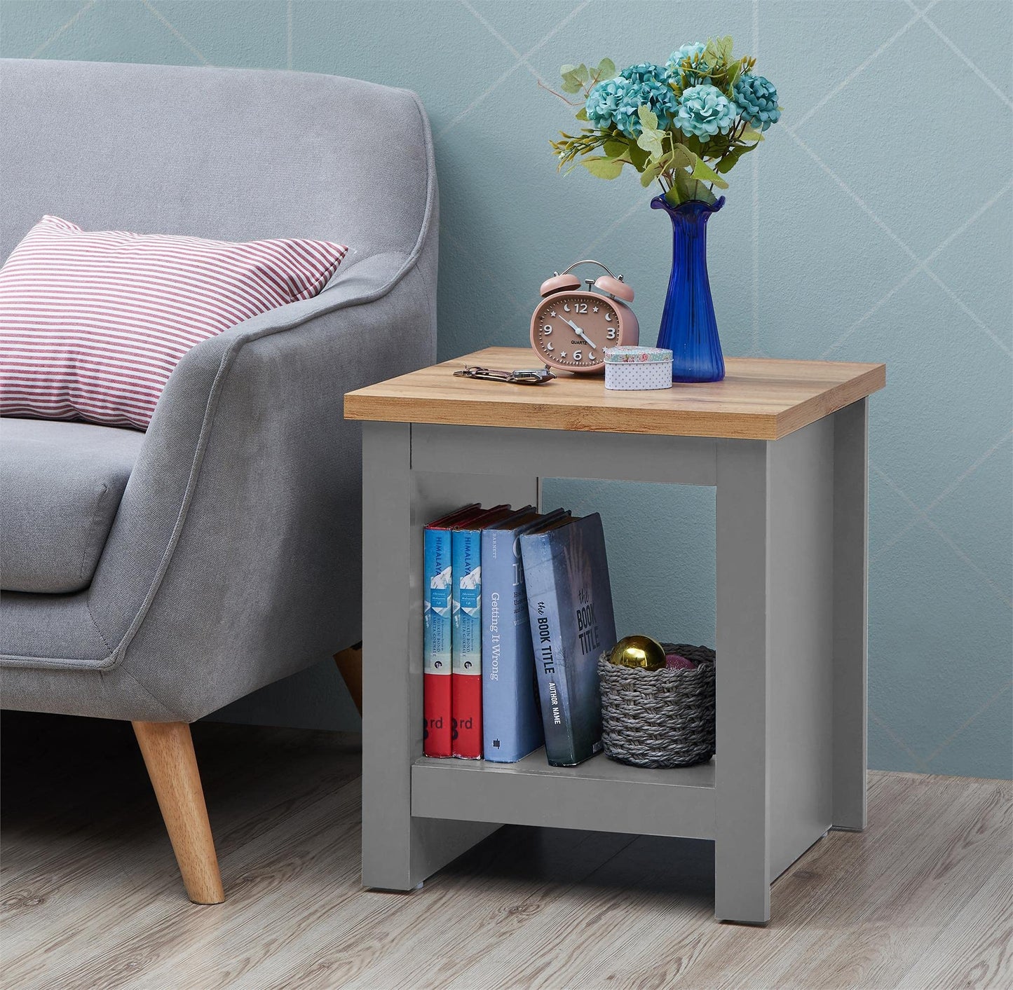 Timber Art Design UK Lisbon Bedside Lamp Table with 1 Open Shelf Modern Bedroom Furniture Storage Cabinet Unit for Living Room, Hallway, Office, Grey