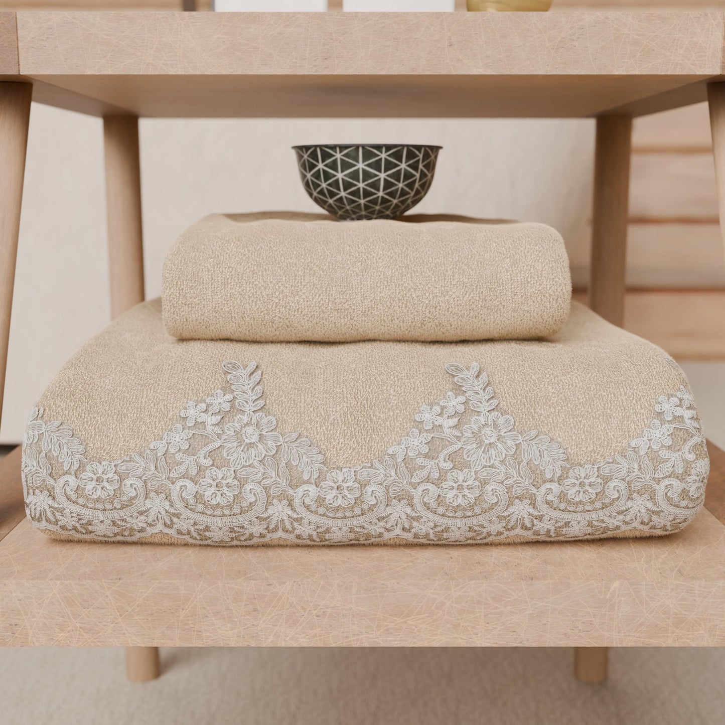 PETTI Artigiani Italiani - 100% Cotton Terry Bath Towels, 1+1 Towel Set, 2 Pieces, 1 Face Towel and 1 Hand Towel, Beige