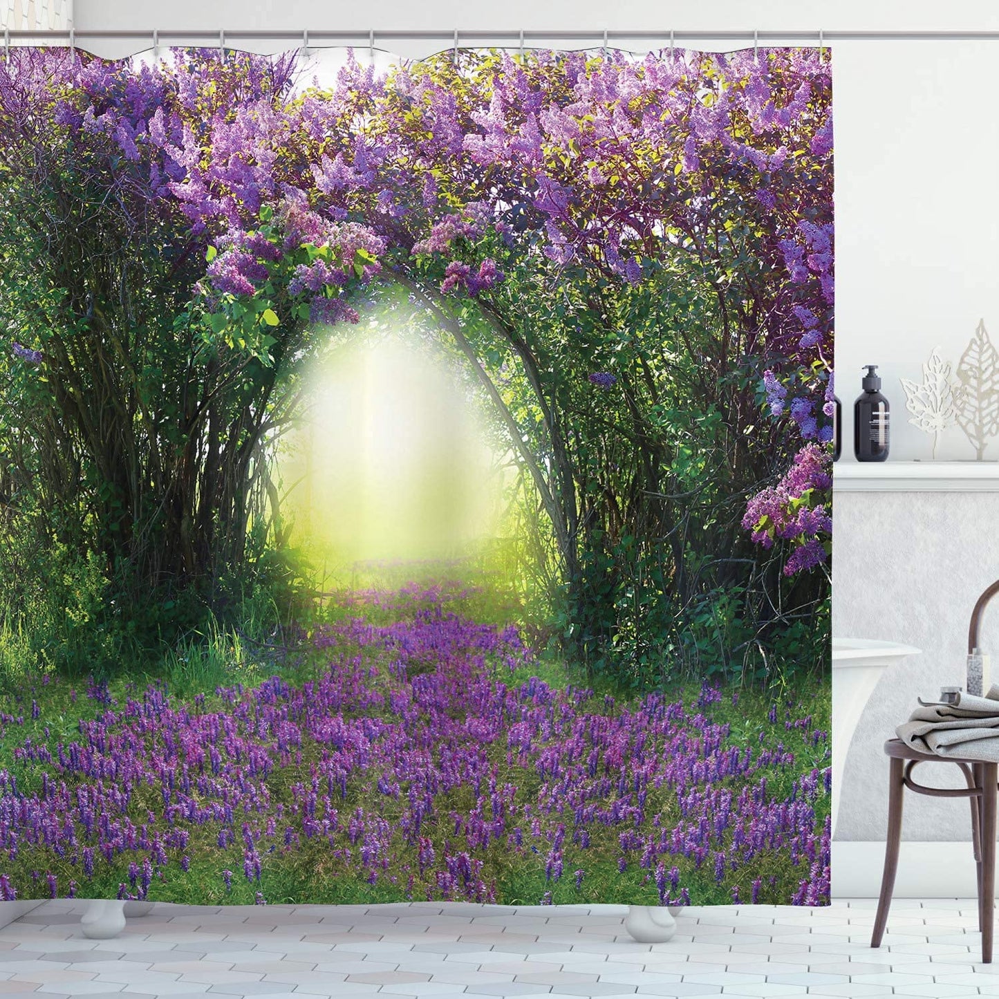 JIANGLANY Lavender Garden 3D Shower Curtain Magic Misty Sun Rays Forest Blossoms Bushes Tall Trees Green Grasses Scenery Bathroom Decoration Curtains