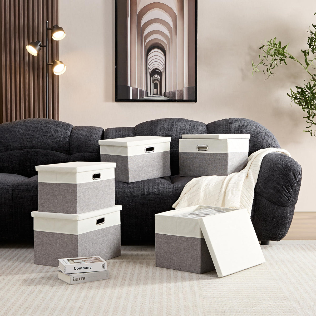 AlphaHome Storage Boxes with Lids, Glaucous Grey and White(3 Pack, XLarge)