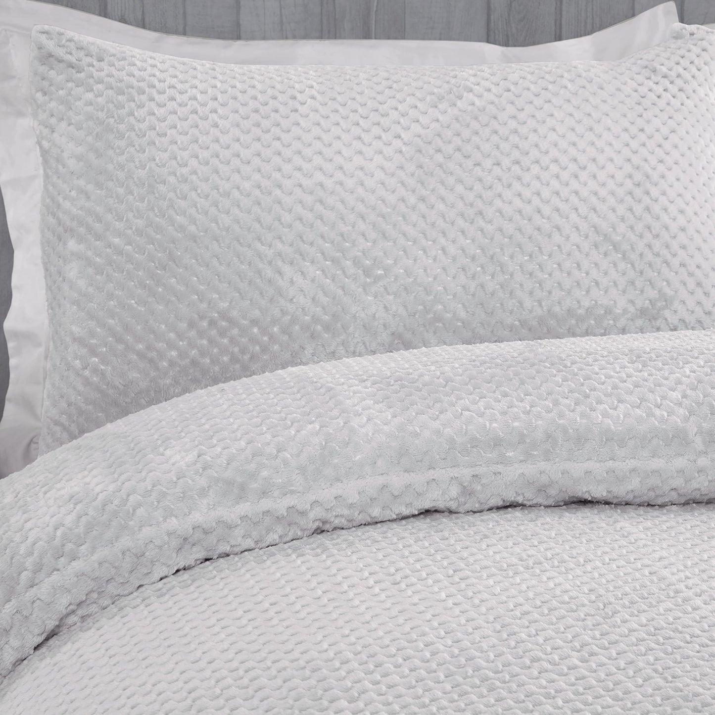 Sleepdown Waffle Teddy Fleece Silver Warm And Cosy Reversible Soft Duvet Cover Quilt Bedding Set With Pillowcases - King (220cm x 230cm)