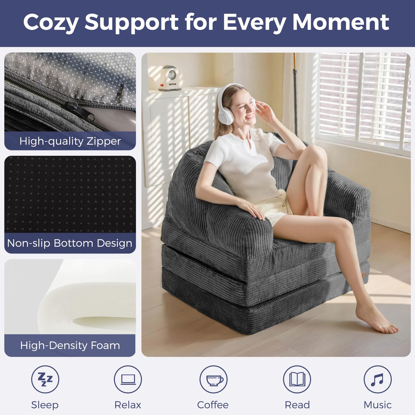 MAXYOYO Folding Sofa Bed with Backrest, Boneless Fold Out Couch Bed with Handle, 2 in 1 Convertible Bean Bag Chair to Floor Sofa Lounger