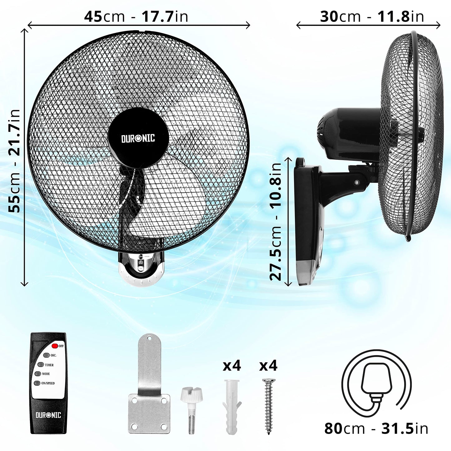 Duronic Wall Fan FN55 Wall Mounted with Remote Control | 16 Inch Head | Timer Function | Cooling for Summer in The Home | Office