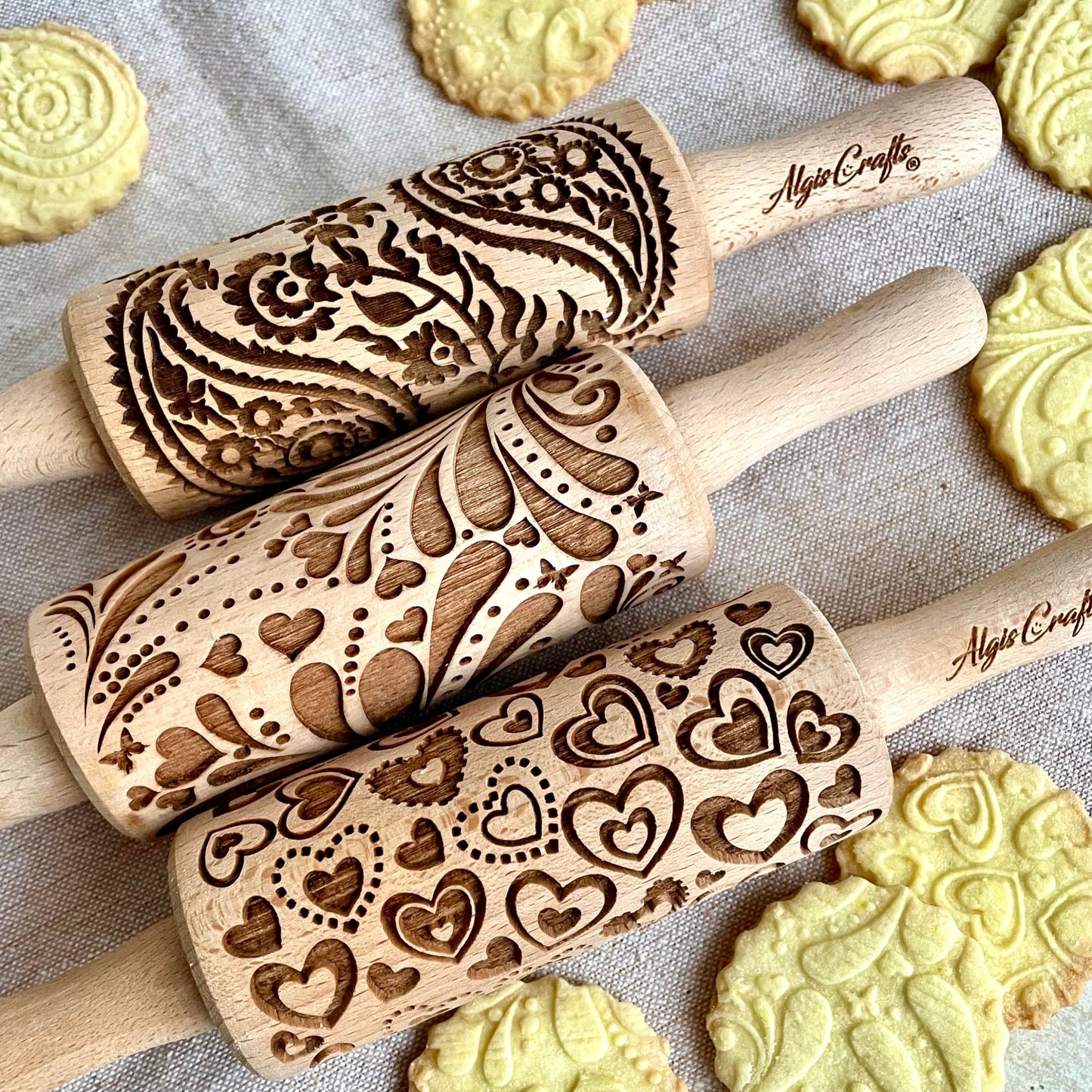 LOVELY DAY 3 KID Rolling Pin SET with HEART, PAISLEY and SPRING patterns. Wooden Laser Cut Mini embossing Rolling Pins for cookies, play dough, salt