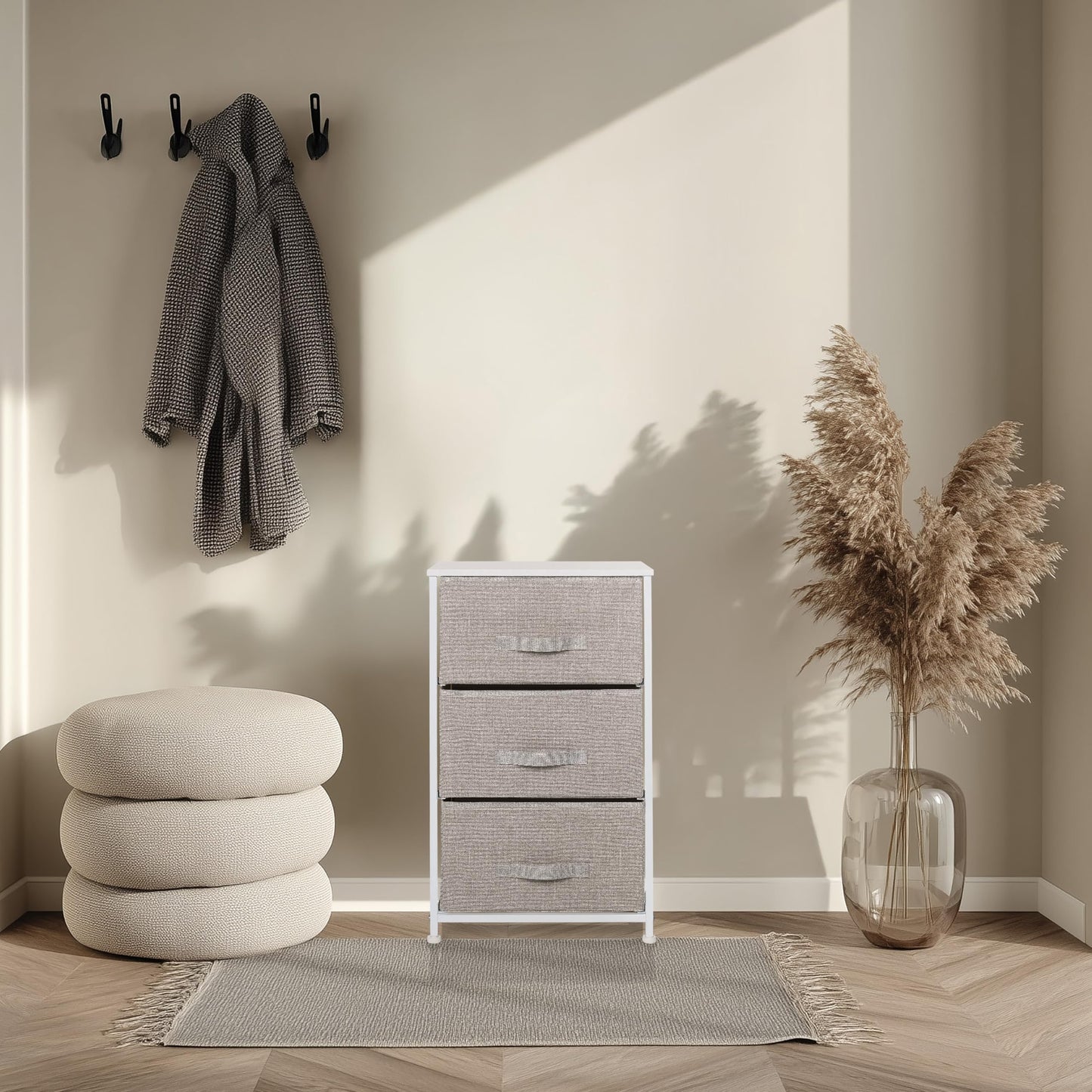 hjh LIVING Chest of drawers with 3 fabric drawers FOLDRESS M 73x45x30 cm Drawer chest organizer, height-adjustable foot glides, metal frame, grey