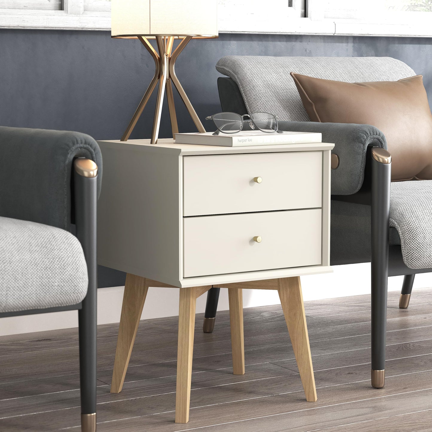 Galano Abby Bedside Table ? Stylish 2 Drawer Side Table with Storage ? Storage Cabinet for Bedroom, Hallway, or Entryway ? Light Grey/Oak