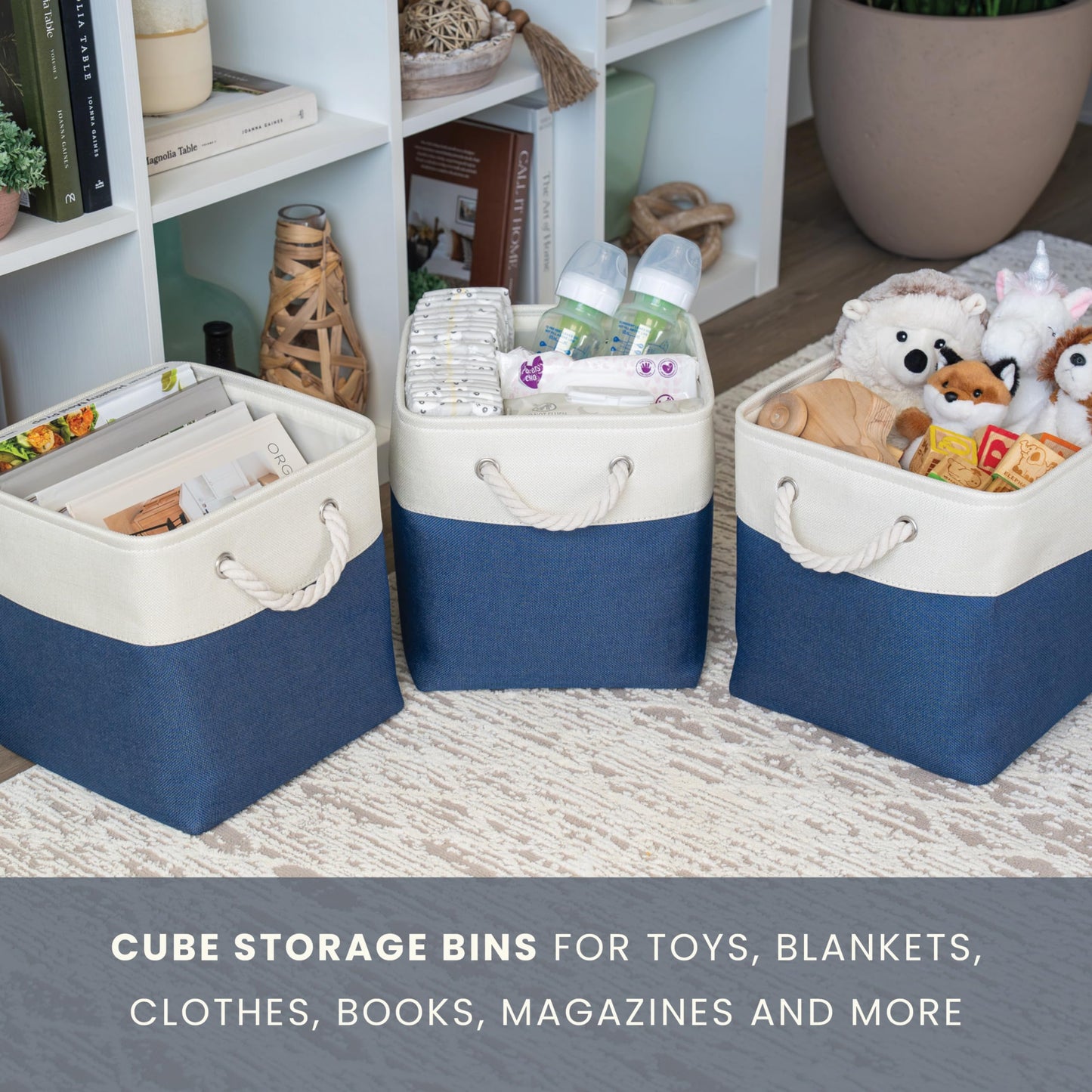 OrganiHaus Fabric Storage Boxes, Set of 4 Foldable 30X30 Cube Organiser Bins with Rope Handles for Shelves, Nursery & Closet