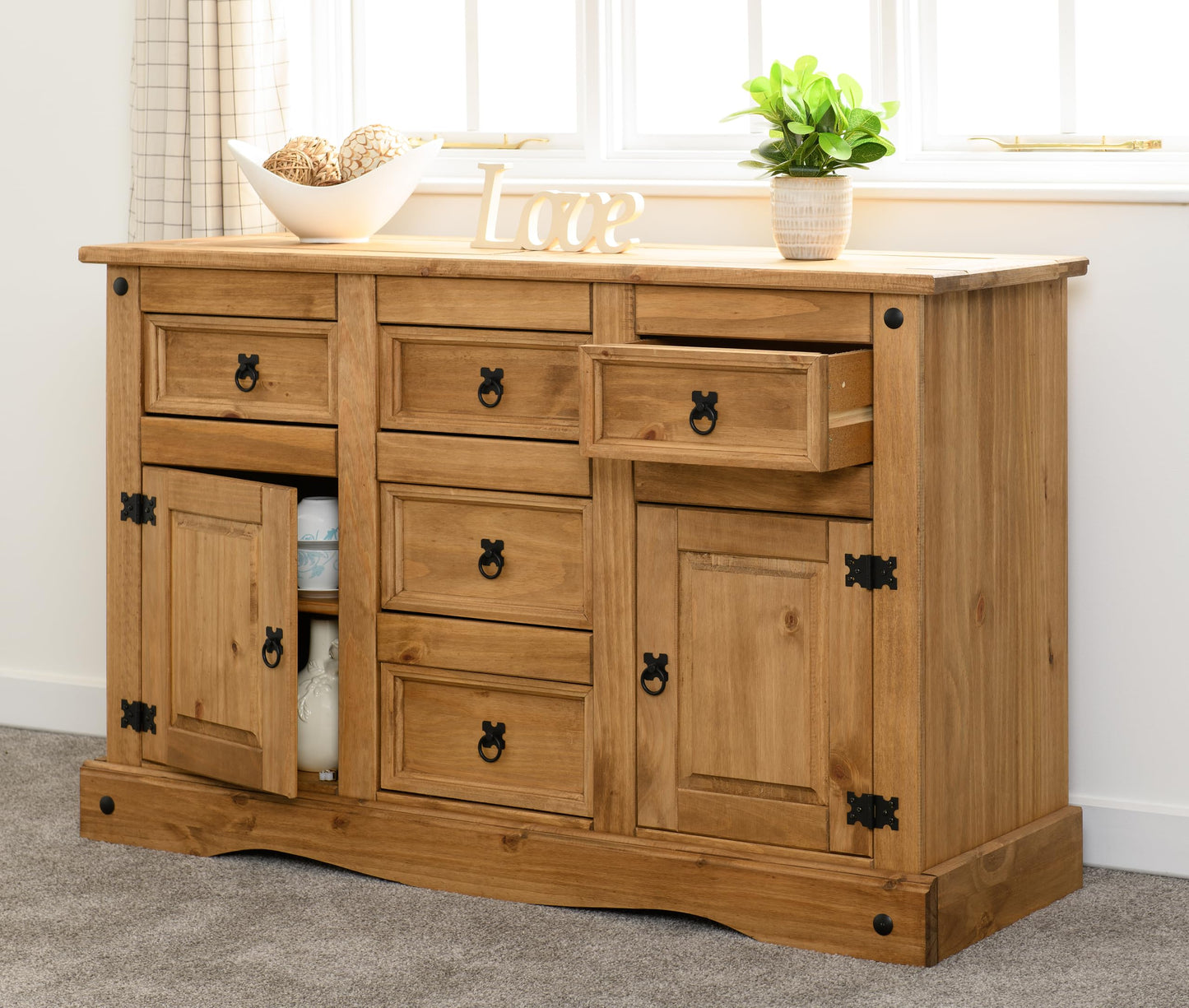 Seconique Corona 2 Door 5 Drawer Sideboard in Distressed Waxed Pine