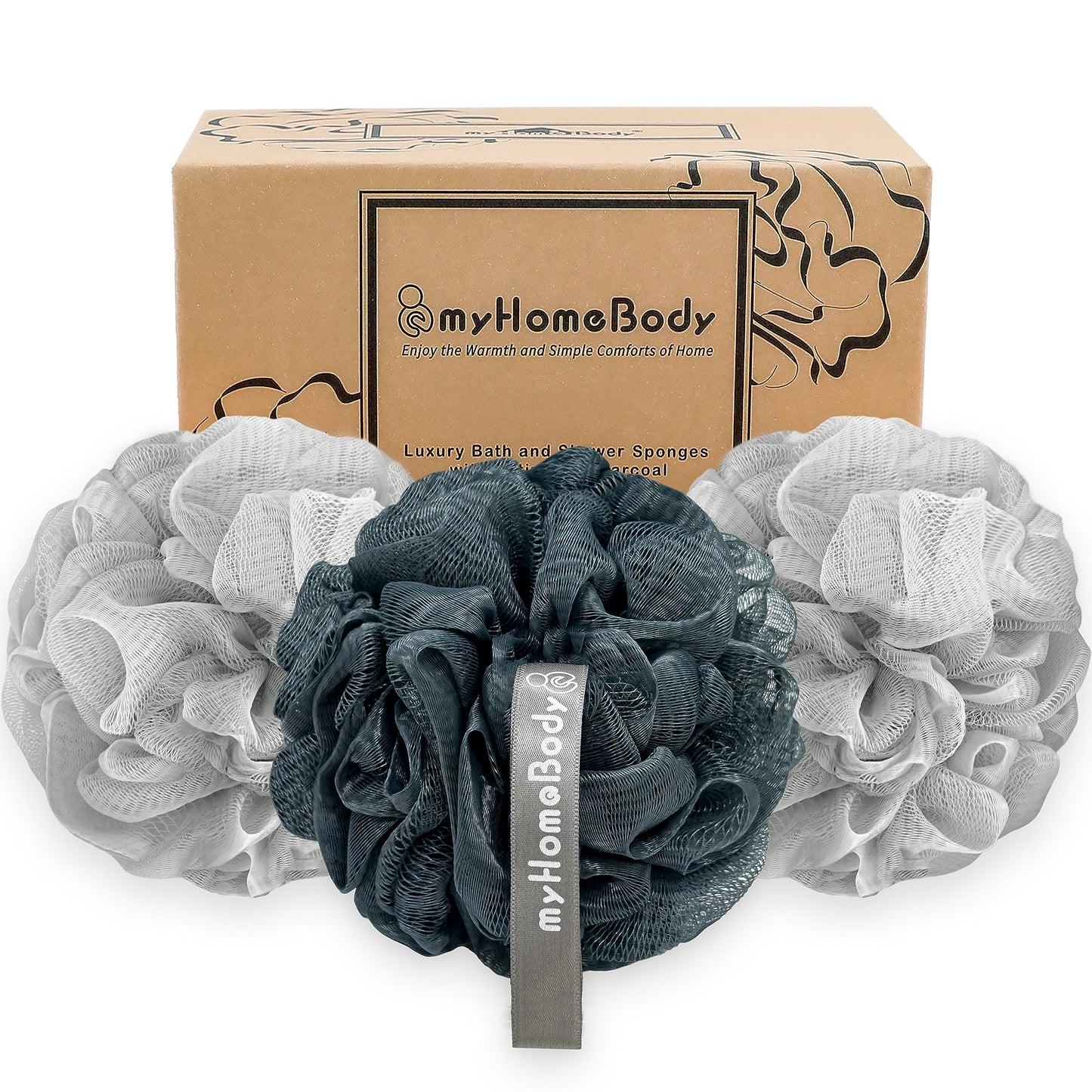 myHomeBody Large 70g Loofah Sponge, Body Scrubber, Bath Sponge, Loofah for Women, Men, Exfoliating Sponge Shower Pouf with Activated Charcoal - 2 Fog