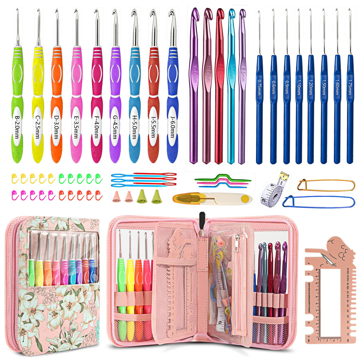 61Pcs Ergonomic Crochet Hooks Set, 22size 0.75mm-10mm, with Case for Arthritic Hands, Extra Long Crochet NeedlesPink