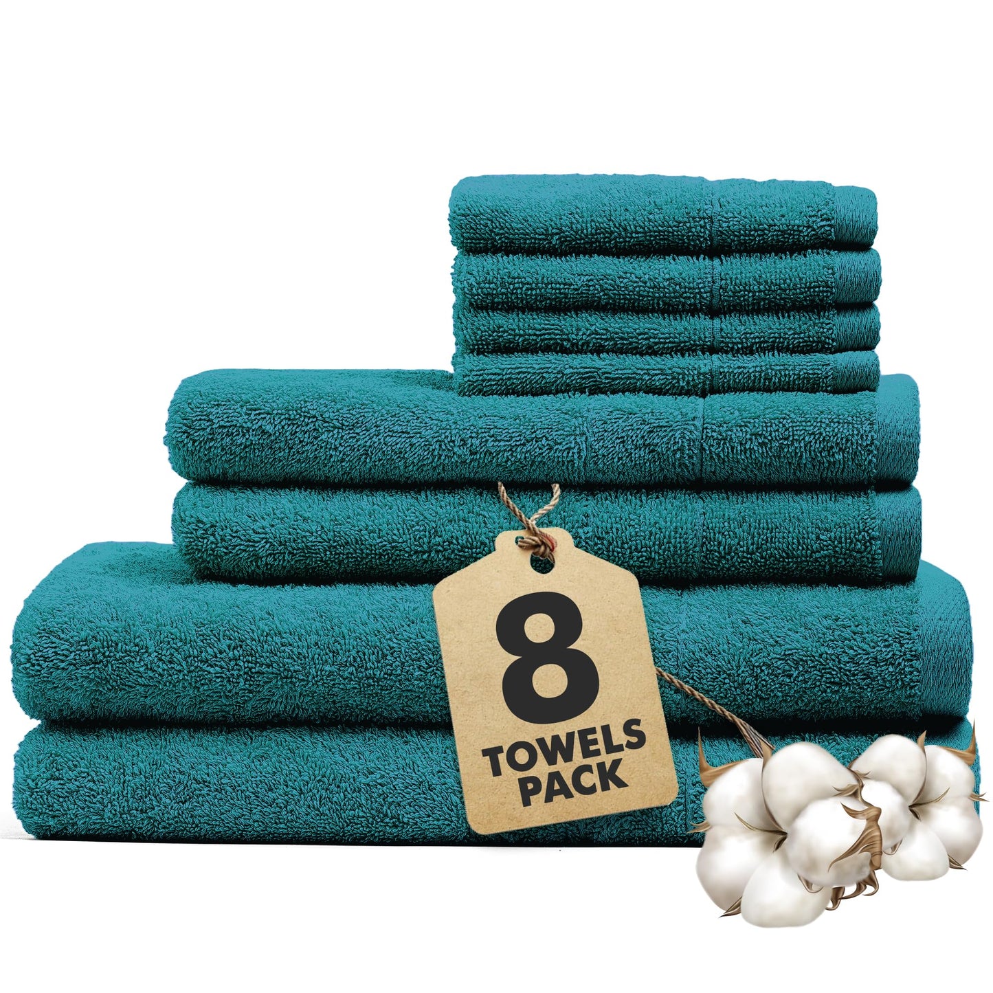 Novo Home Bath Towels Set of 8 ? 100% Cotton Teal Towel Set Bale Includes 2 Bath, 2 Hand, 4 Face Towels ? Soft, Absorbent & Quick Dry Towel for