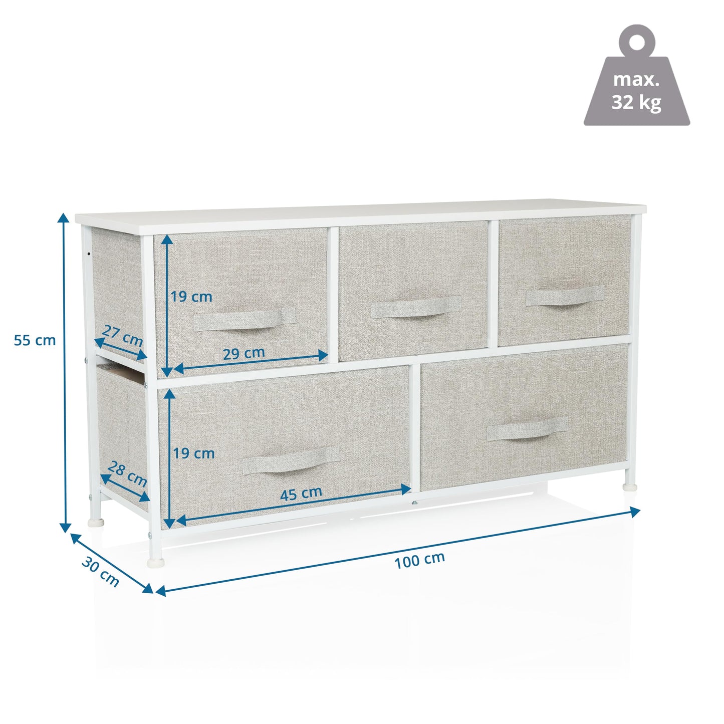 hjh LIVING Chest of drawers with 5 fabric drawers FOLDAR 100x30x55 cm Chest of drawers organizer, height-adjustable foot glides, metal frame, grey