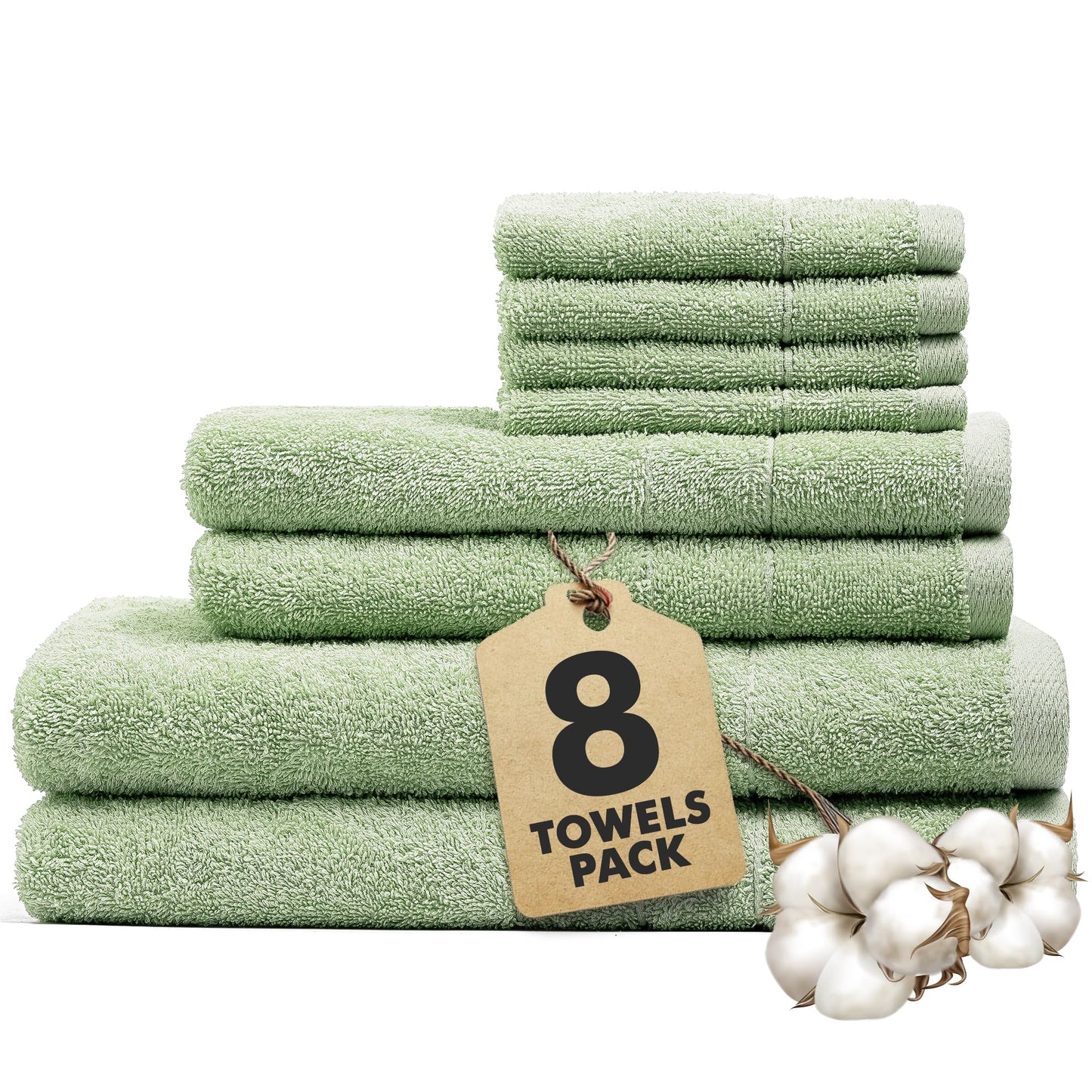 Novo Home Bath Towels Set of 8 ? 100% Cotton Light Green Towel Set Bale Includes 2 Bath, 2 Hand, 4 Face Towels ? Soft, Absorbent & Quick Dry Towel for