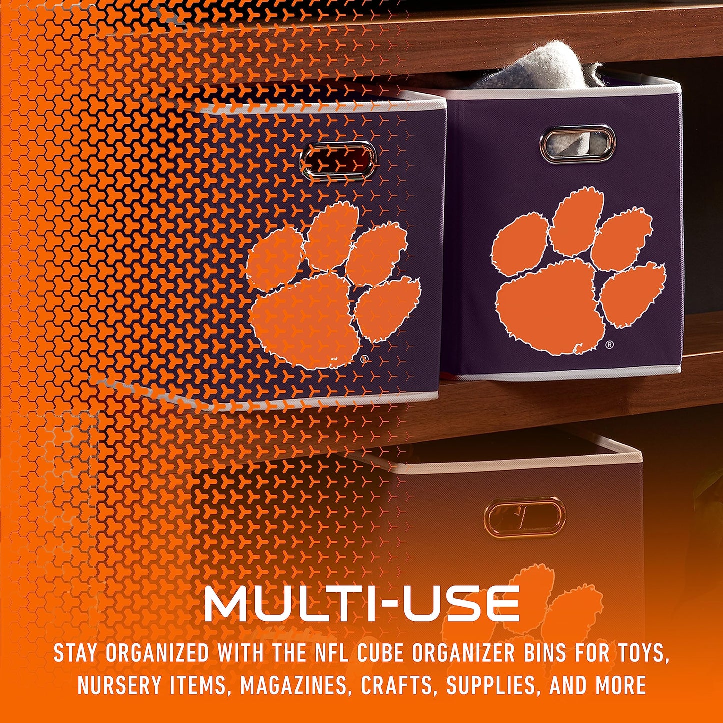 Franklin Sports NCAA Clemson Tigers Collapsible Storage Bin - Made to Fit Storage Bin Shelf Organizers - 10.5" x 10.5"