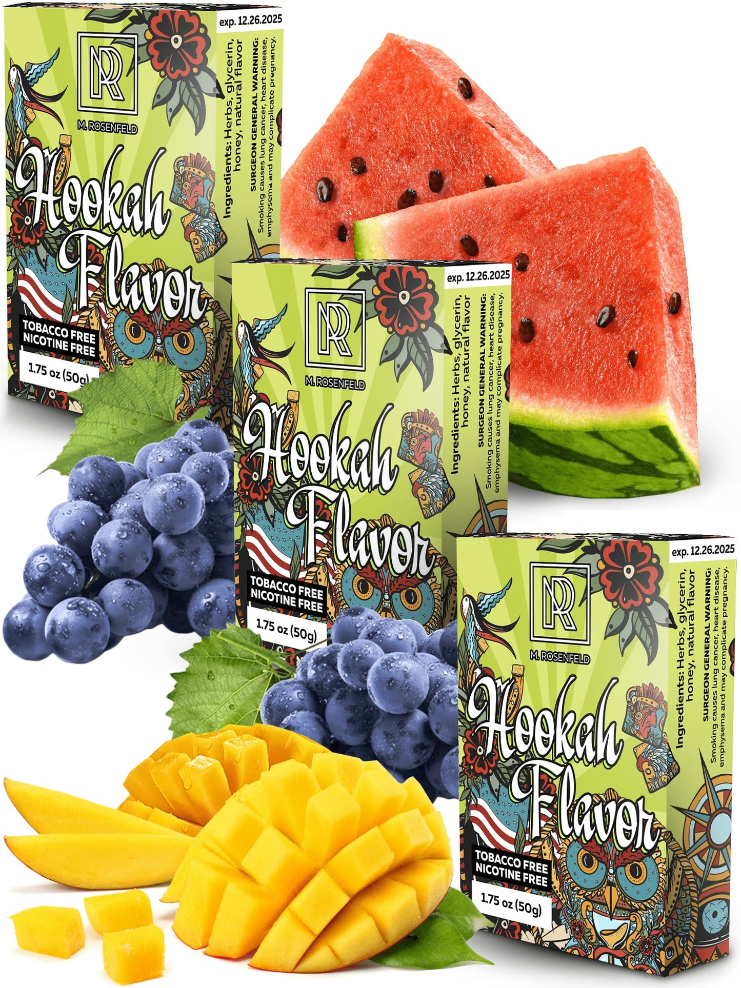Shisha Flavours Set - 3 x 50 g Shisha Flavors for your Hookah Bowl - Try these Tobacco Free Hookah Flavors Nicotine Free (Mango | Sweet Watermelon |