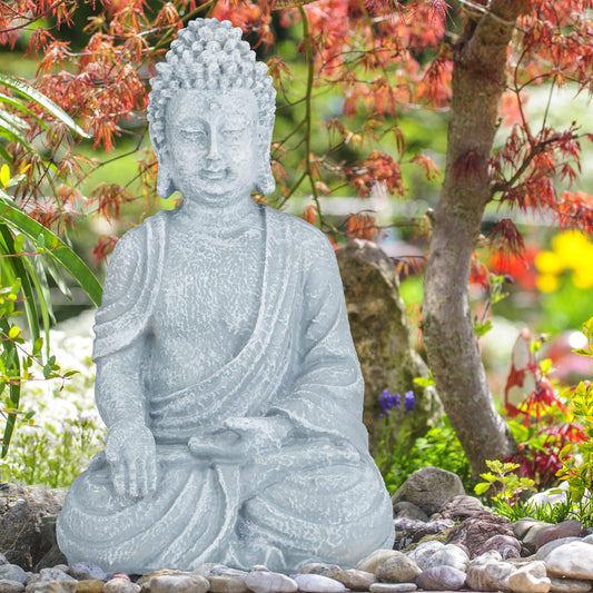 Relaxdays Sitting, 40 cm, Feng Shui, Outdoor, Garden, D?cor, Big Zen Buddha Figurine, Light Grey, Polyresin