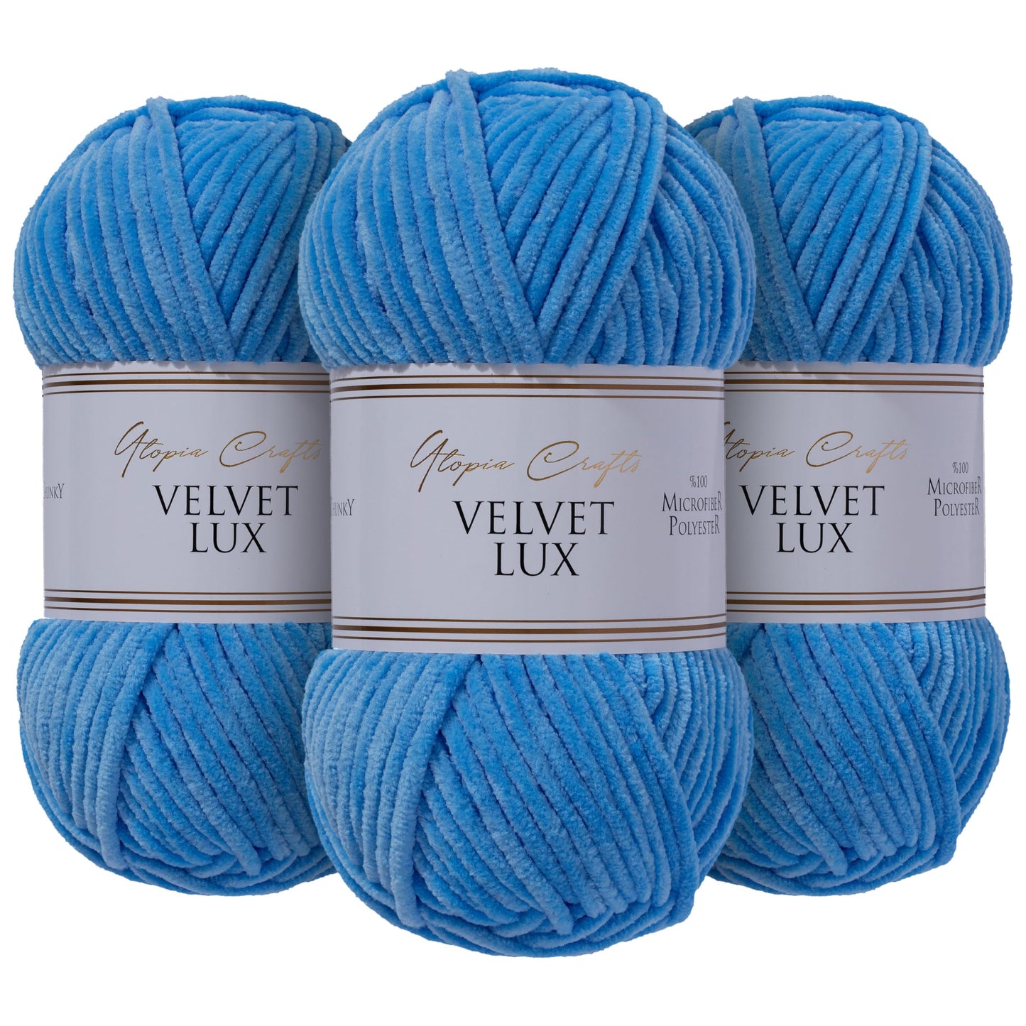 Utopia Crafts Velvet Lux Chenille Super Soft Chunky Yarn for Knitting and Crochet Yarn 3X 100g Sky Blue