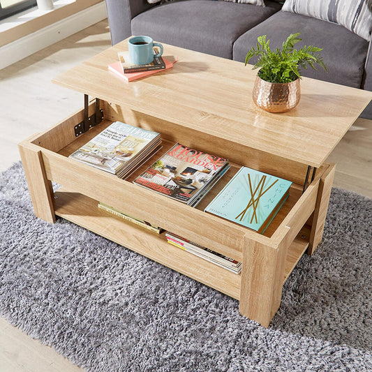 Home Source Coffee Table with Lift Up Top Storage Area and Magazine Shelf, Oak Effect