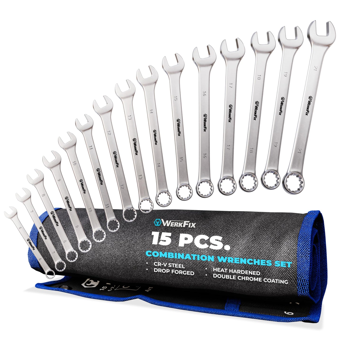 WERKFIX Combination Spanner Set 15-Piece 6-21 mm Made of CRV Steel, Laser-Marked, matt-Finished, in tetron roll Bag