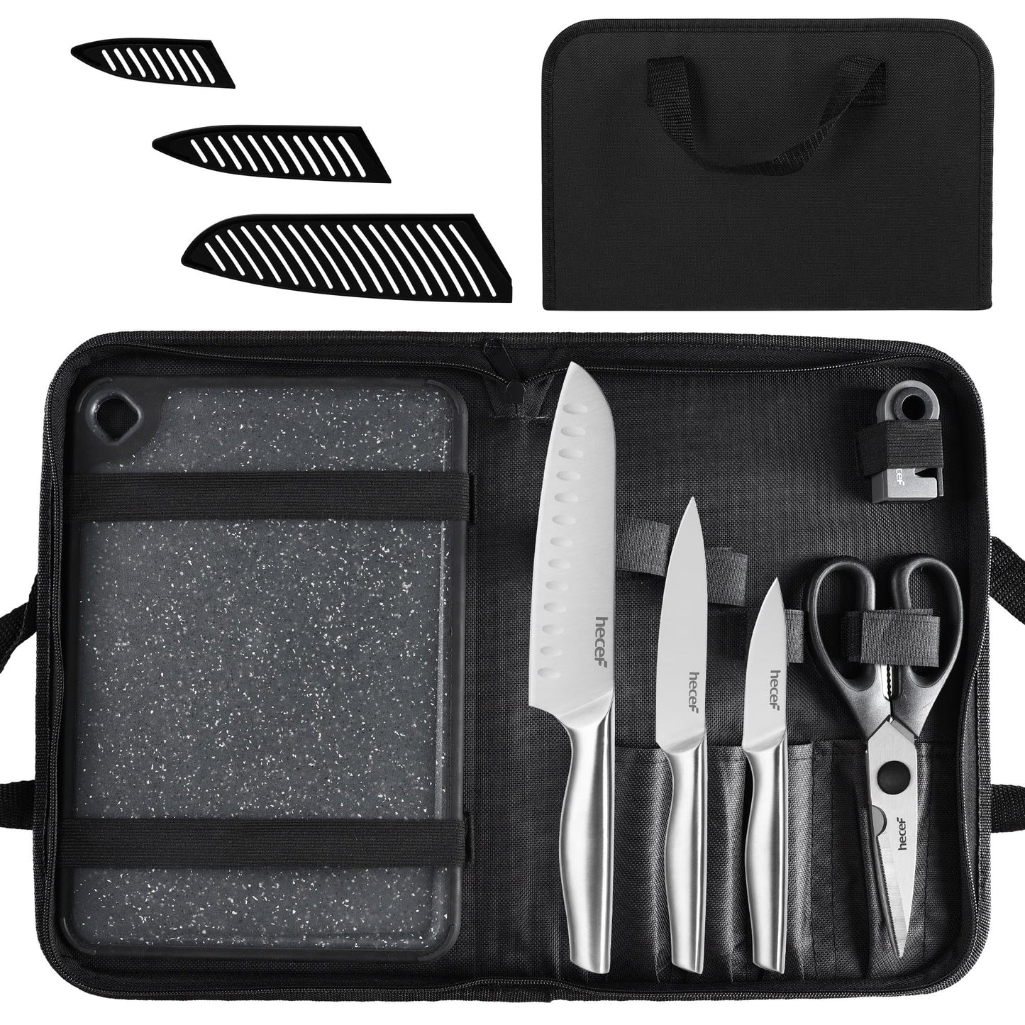 hecef 10-in-1 Knife Set with Heavy Duty Knife Bag, Reversible Cutting Board, Sheaths and Mini Sharpener, Stainless Steel Blade with Ergonomic Handle,