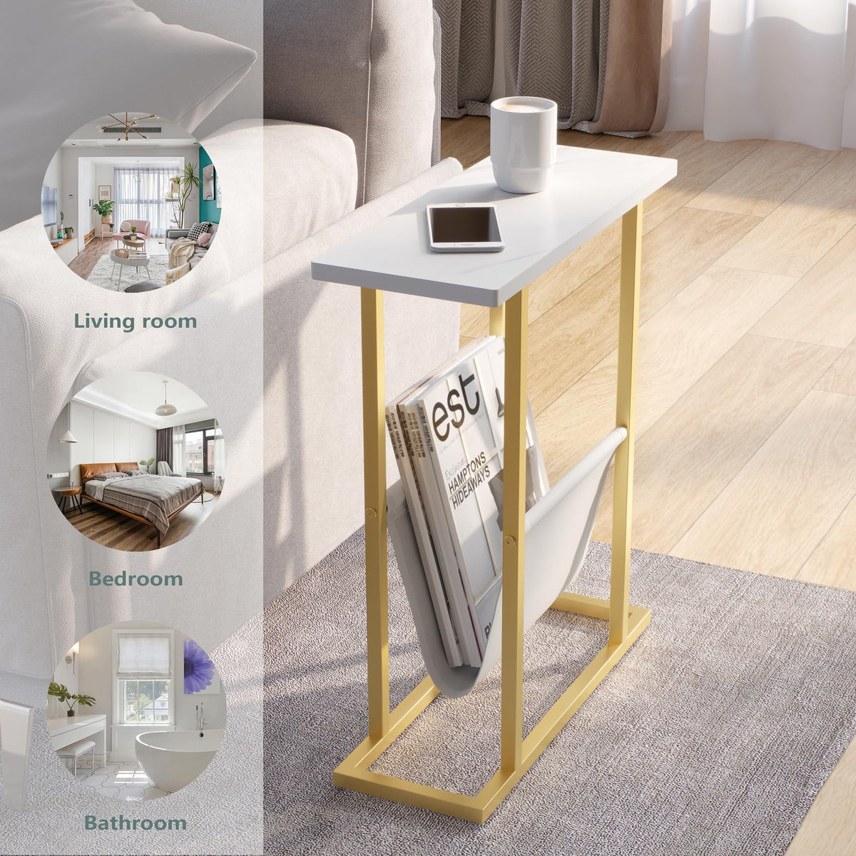 Yusong Small Narrow Side Table for Small Spaces, Slim End Table Magazine Table Nightstand with Storage Holder