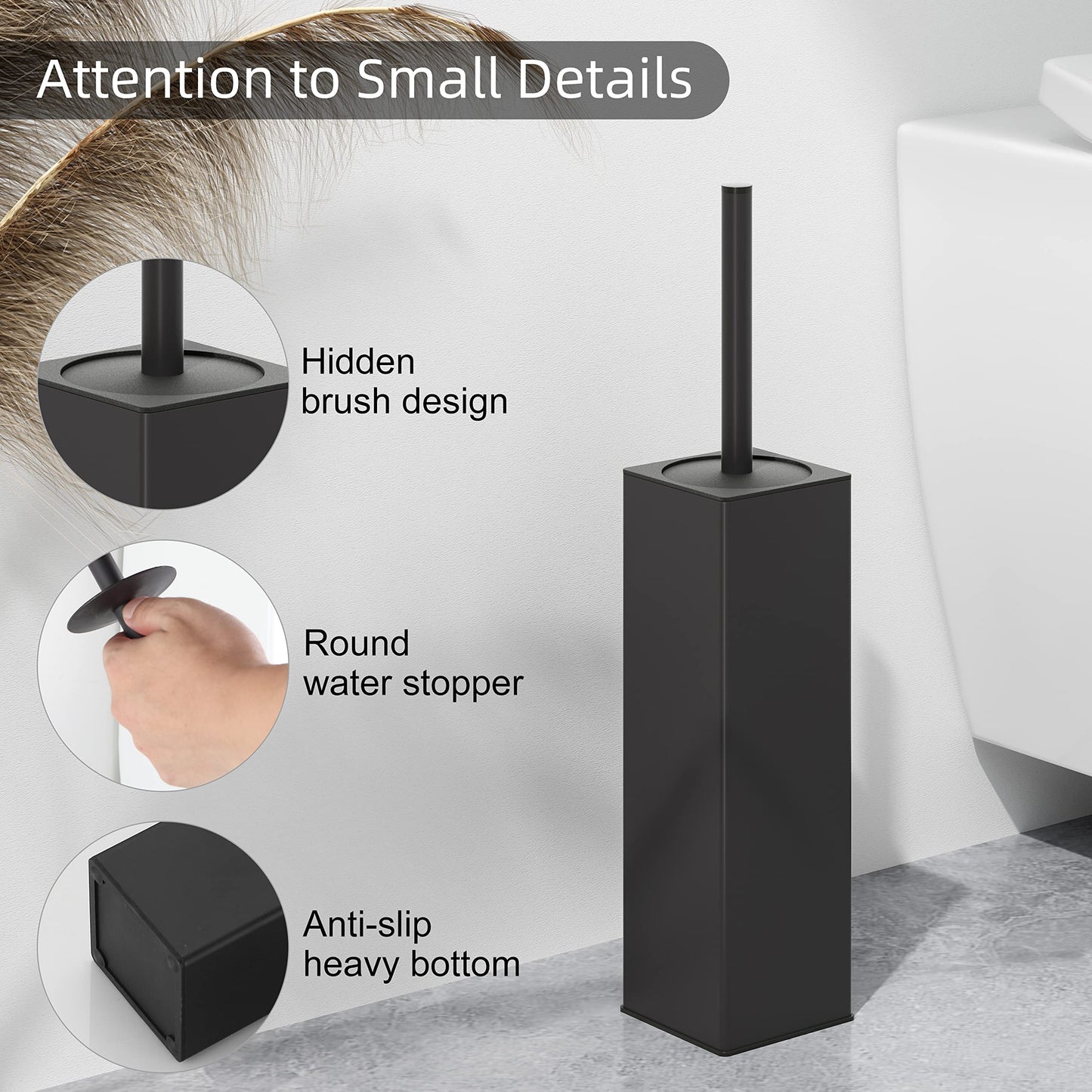 BVL Black Toilet Brush, 2 Piece Square Silicon Toilet Brush and Holder, Free Standing Toilet Brush Including 4 Quick Drying Brush Heads