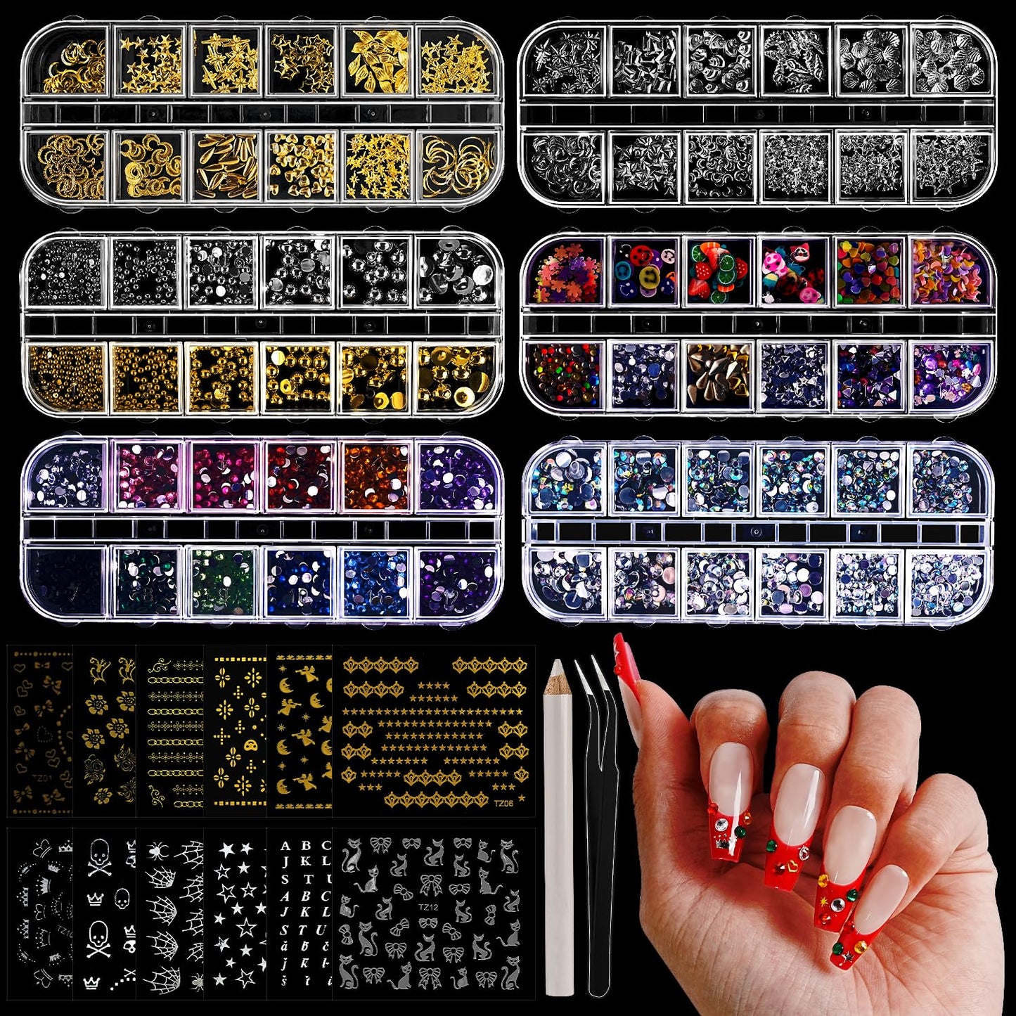 JODSONE Nail Charms, Nail Gems, Nail Art Rhinestones Kit with 6 Boxes of Rhinestones, 12 Nail Art Stickers, Multi-Shape Pearls & Crystals, Including