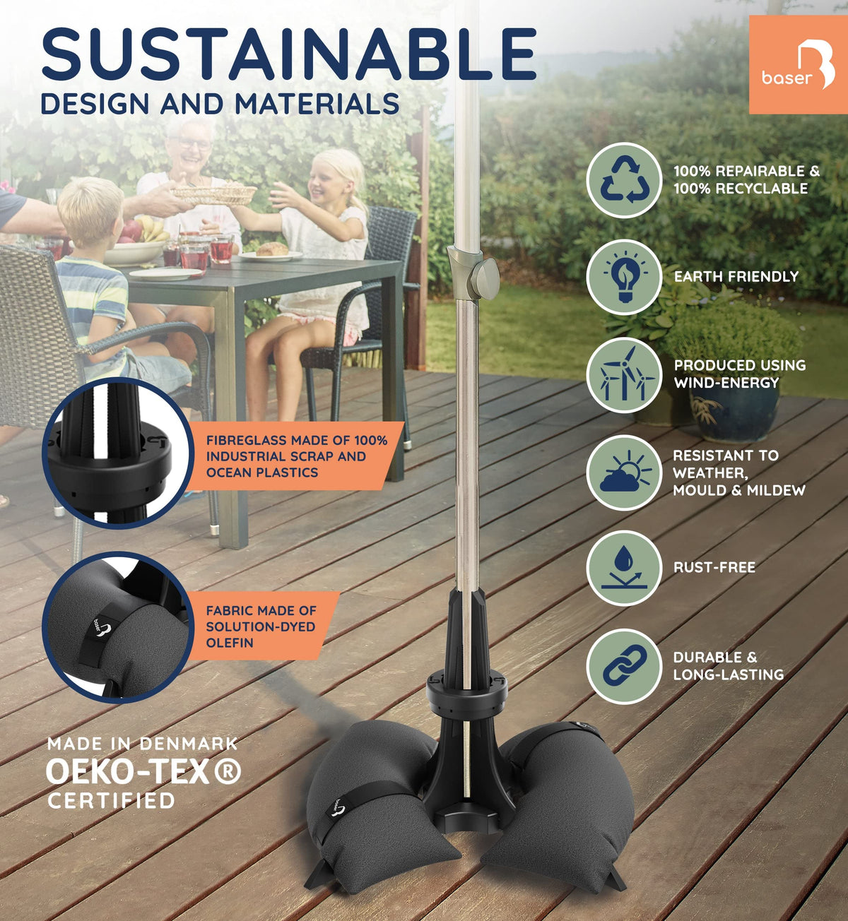 Baser Parasol Base with fillable Sandbag weights 30 KG, up to 3.3 M Parasol, Made of Recycled Materials in Denmark