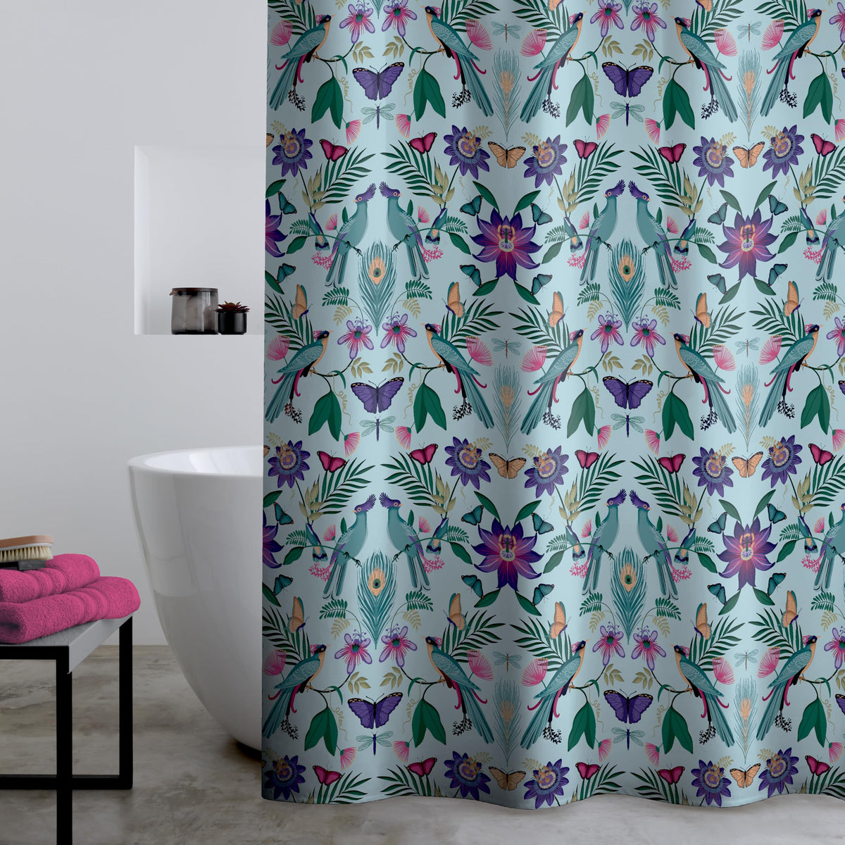 Catherine Lansfield Mya Tropical Bird 180x180cm Shower Curtain Panel Duck egg Blue