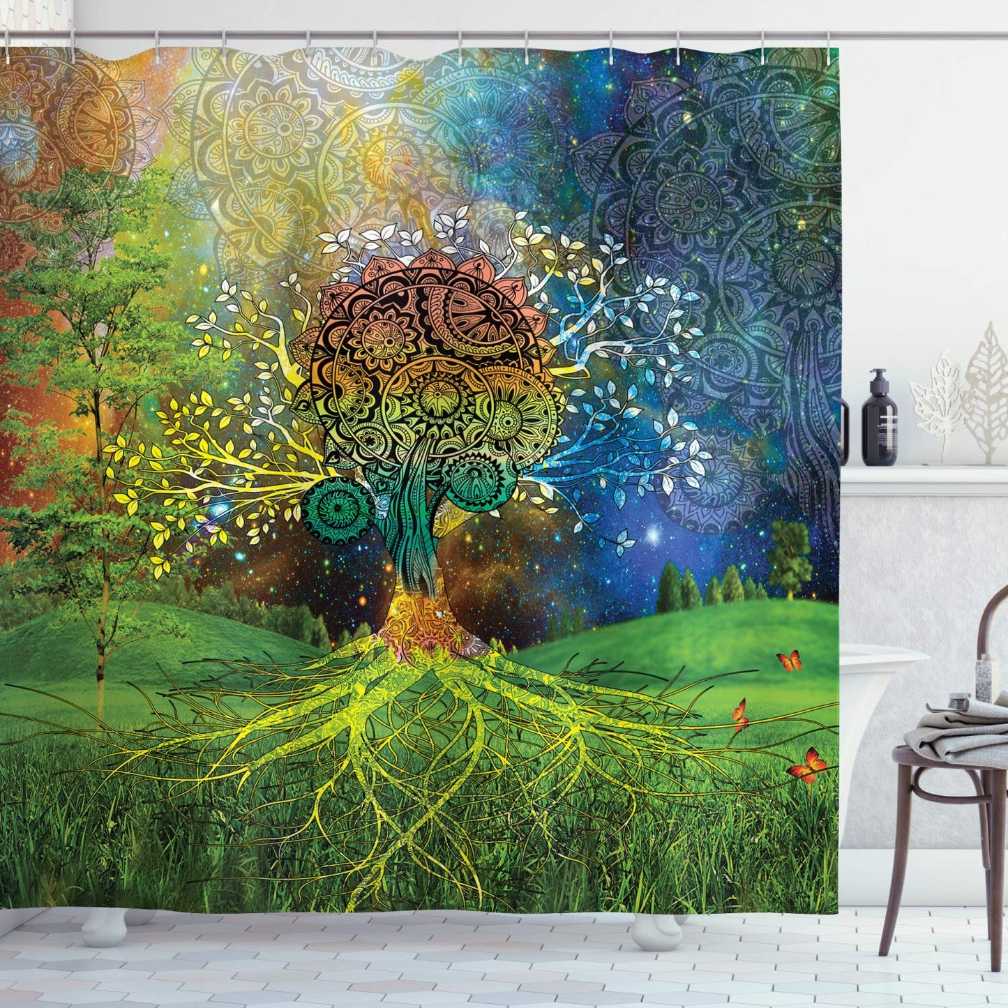 ABAKUHAUS Ethnic Shower Curtain, Tree in the Valley Spiral Branch Balance Mother Earth Art Illustration Print, Cloth Fabric Bathroom Decor Set with