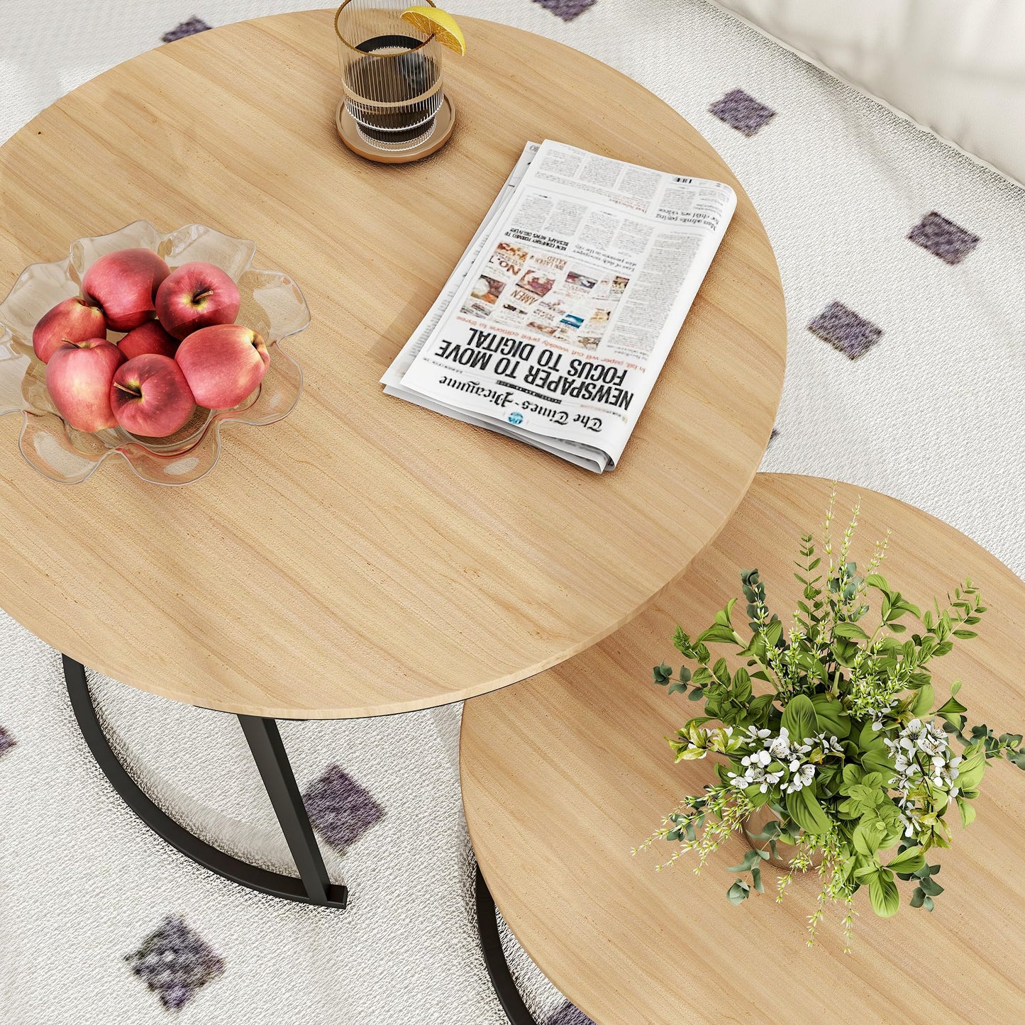 BOFENG Round Nesting Coffee Table, Set of 2 End Tables for Living Room/Bedroom/Small Space (Black+Oakdk, Set of 2)