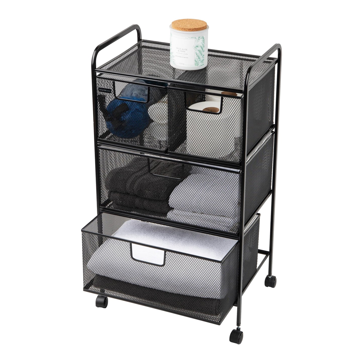 Mind Reader Cart with Drawers, Laundry Organizer, Utility Cart, Bathroom, Kitchen, Metal Mesh, 16"L x 11"W x 29"H, Black